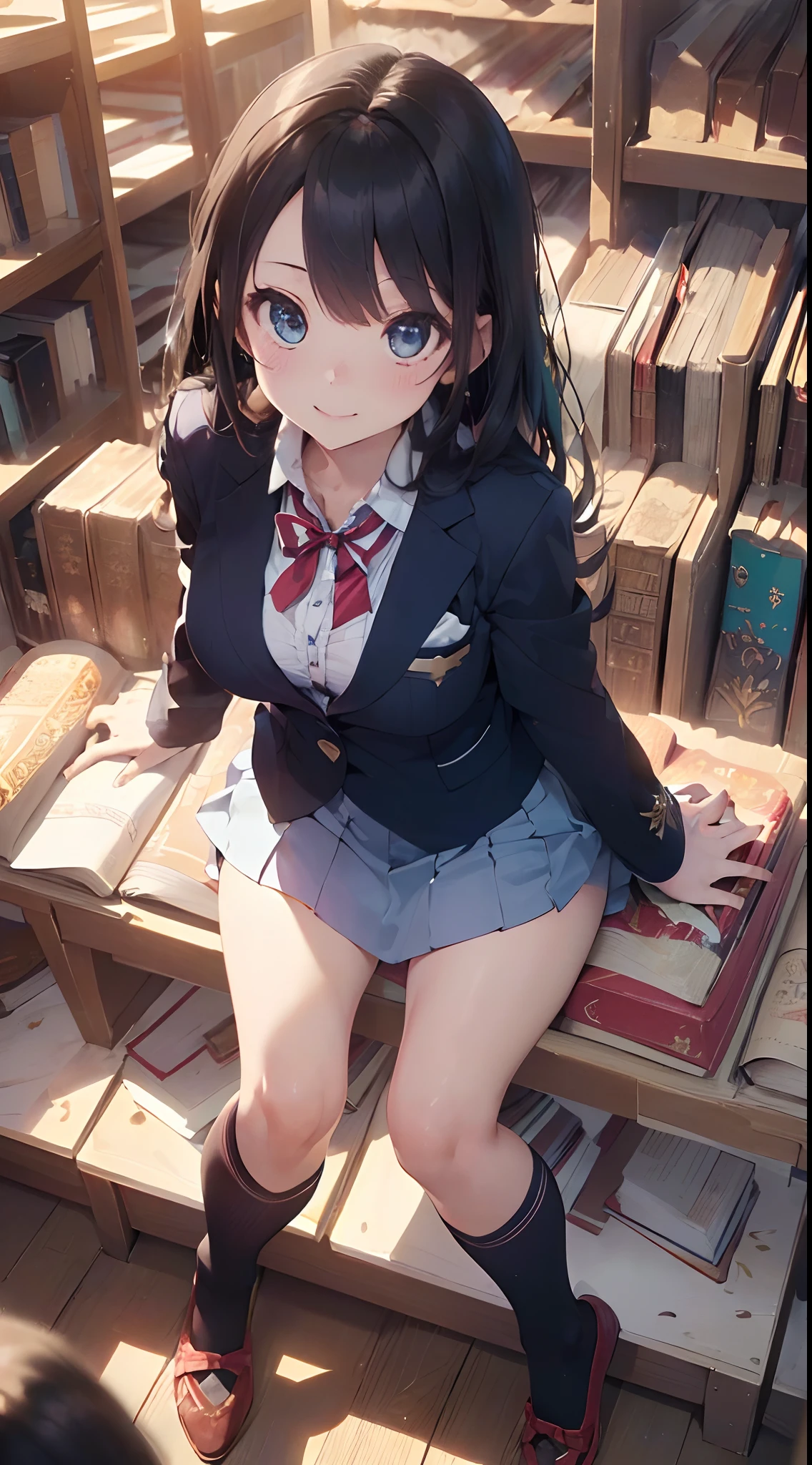 ((Haisole、RAW Photography、top-quality、masterpiece)、high definition RAW color photos professional close-up photos、(realisitic、photorealisim:1.55)、(top-quality)、(Best Shadows)、(The best illustrations)、((huge tit))、((超A high resolution、High definition CG unified 16K wallpaper、physically-based renderingt、Cinematographic lighting)、girl with、 (Blue Blazer、Red ribbon、Blue Pretz skirt、sockes、high-school uniform:1.4、Cute Uniform)、Realistic fabric、atlibrary, beautiful finely detailed eyes, Light on the face, ((FULL BODYSHOT:1.2)), especially strong light, (Realistic eyes、Kamimei、Bewitching smile:1.2),real looking skin、Hands that are shaped like pianists、Real to the nails、((Silky hair、Semi-long:1.2))、( skinny thigh), ulzzang-6500-v1.1:0.2, shame, (The Flash:1.2), (puffies, ((Seductive posture:1.2, Everyone's Idol:1.2)), (Sober beauty)、((Choosing a book:1.2)), ((perfect anatomia:1.2))、((Royal Imperial Library、Blur background:1.2))、face perfect、kawaii faces、(high angle shot:1.2)、I’m under your spell