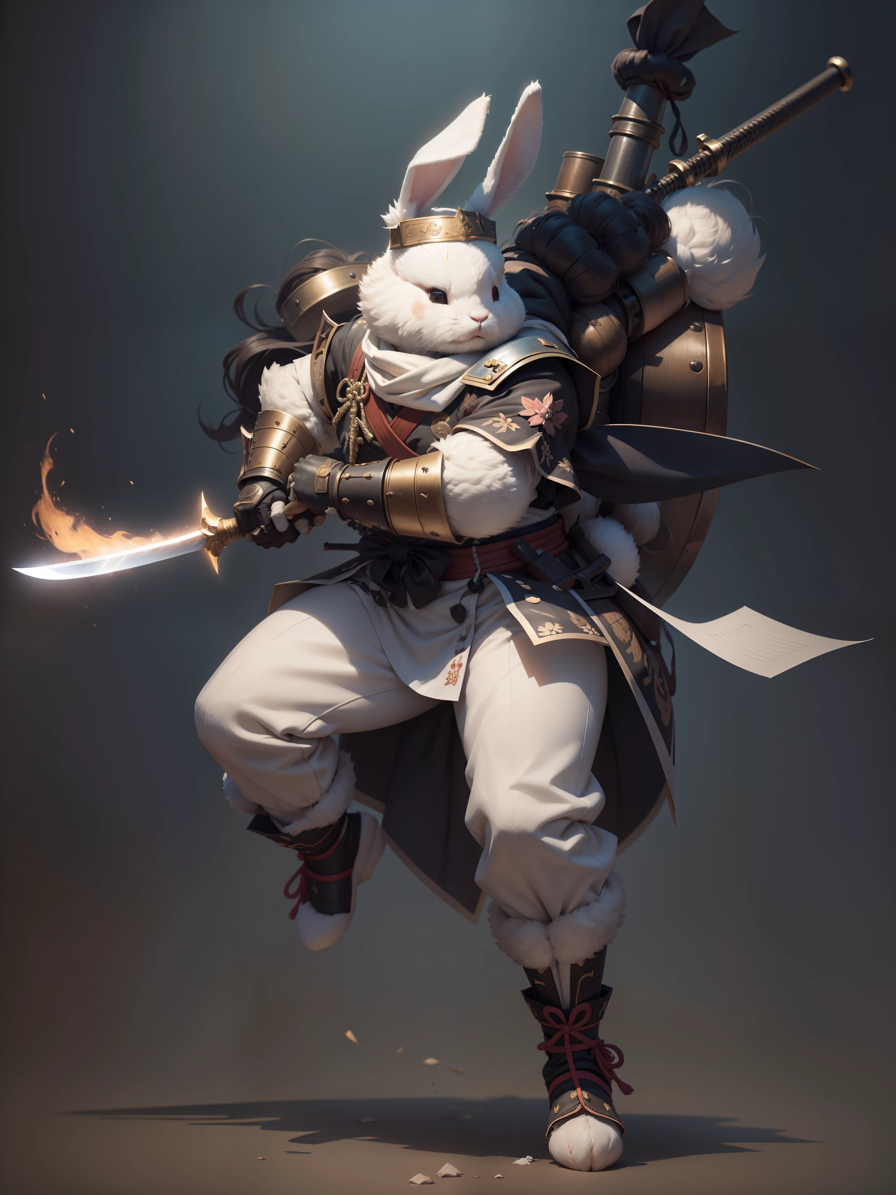 a full body shot, long shot of a short fat cute fluffy white bunny, ((10 percent humanoid anatomy no human skin or hair, only bunny fur)) bandit with bandana head band, old parchment paper character sheet 24k resolution highly detailed photorealistic, realistic sketch, Rough sketch, mix of bold dark lines and loose lines, bold lines, humanoid, centered, focus on character, large samurai sword, and machine guns and fluffy bunny feet, ruff battle worn visage dusty cute fuzzy bunny feet, two bunny arms, two bunny legs, two bunny hands, two bunny feet.