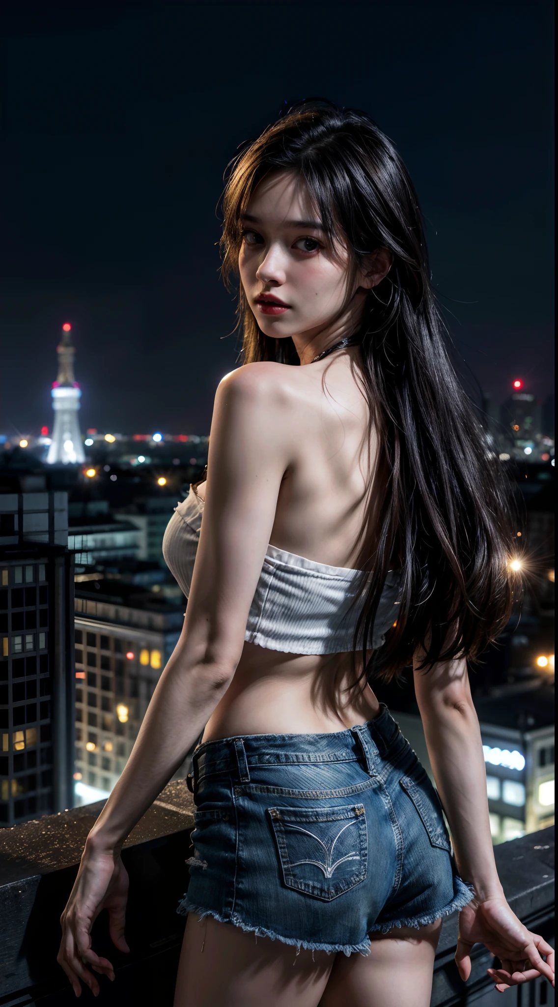 (1girl), russian, solo, long_hair, wearing(denim-strapless-shirt, white-miniskirt), photo(long-shot), portrait, standing, pov, blurry_background, background(night, tower, rooftop, nightlight), (photorealistic, absurdres, best_quality:1.55),