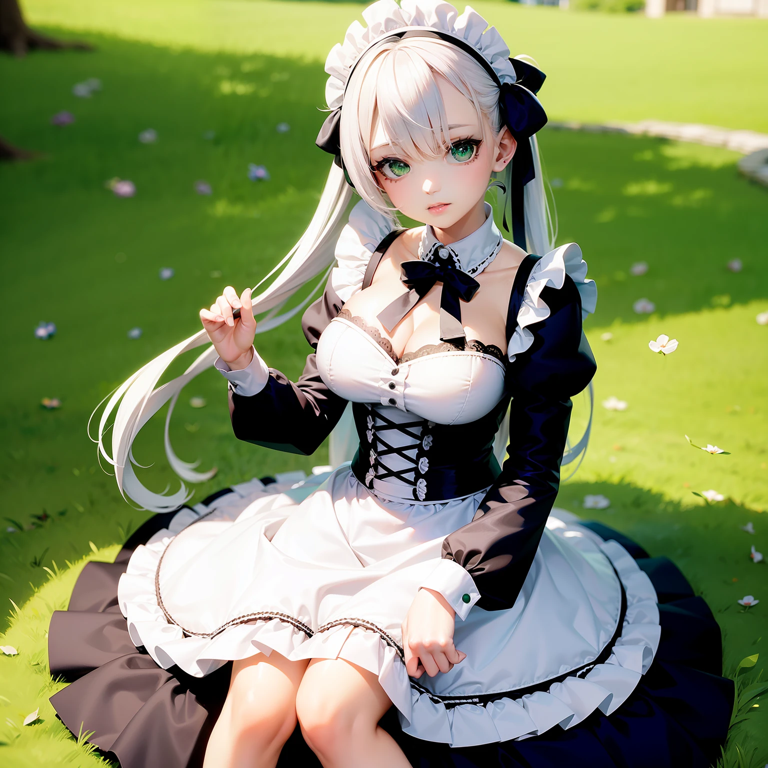 top-quality、Super cute anime art、ultra-detailliert、high-level image quality、Cute 19-year-old beautiful girl、white  hair、Green eye、Illness、yandere、No eye highlights、Lolita、big breasts、maid clothes