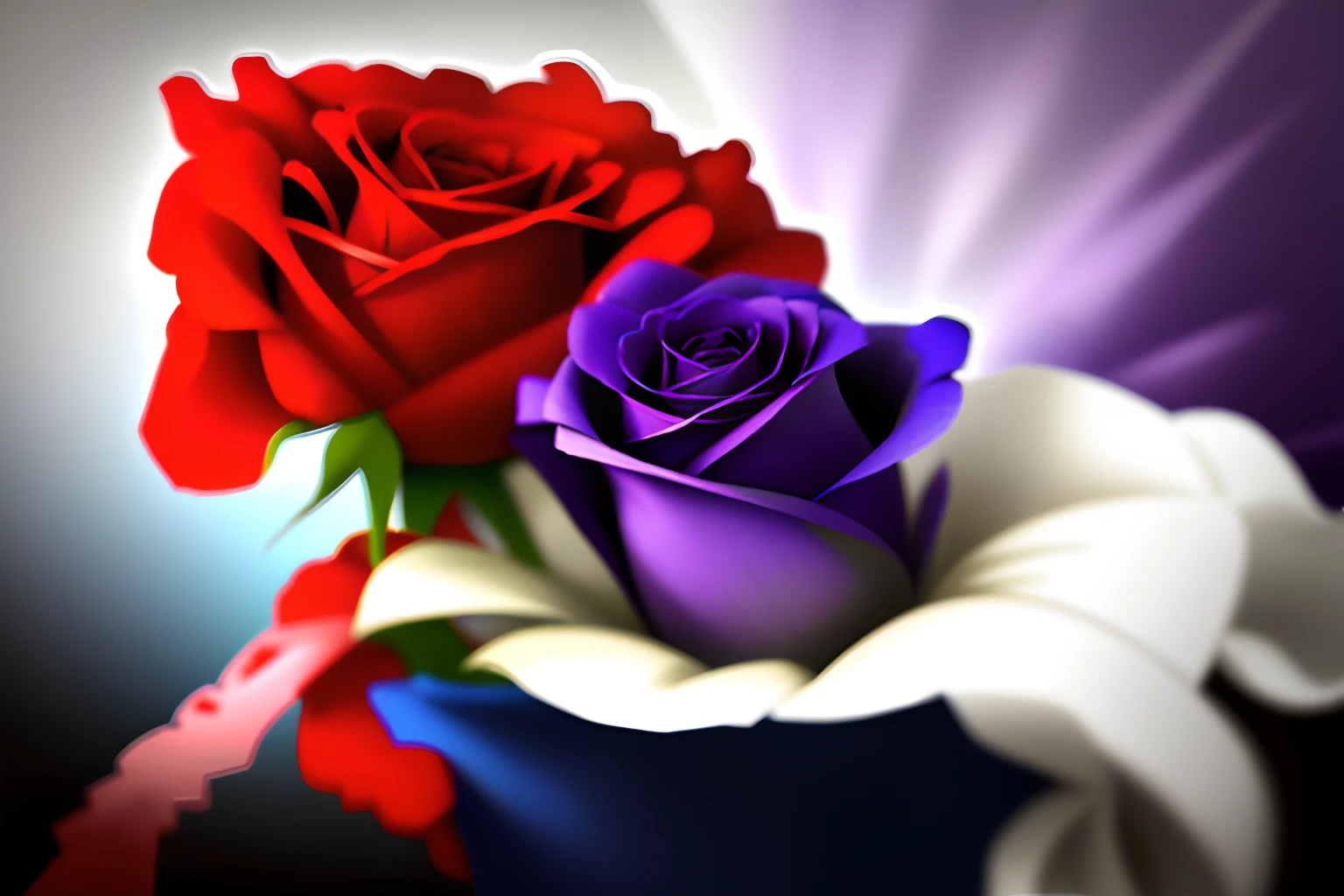 A bouquet of red roses, purple, White, Blue