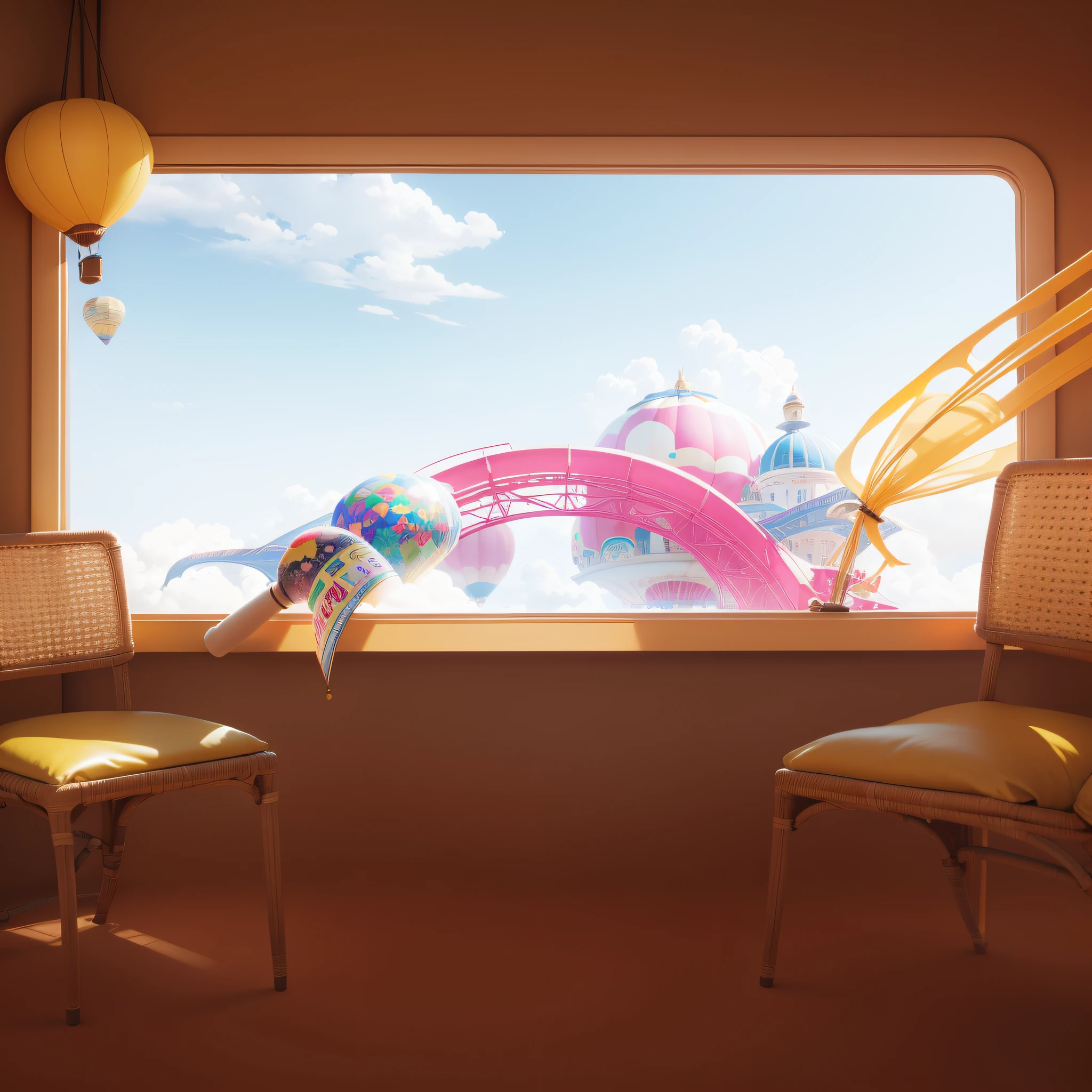 janelas,Rattan chair,Grab hand,roller coasters,A yellow hot air balloon,Skypark,Airbus,clouds,3Drenderingof,Dopamine Mood Paradise,Summer carnival style,Premium texture,high-class details,Studio lights