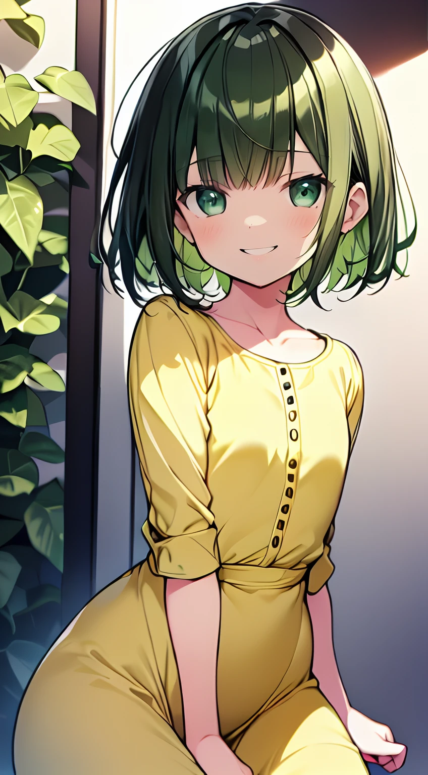 masutepiece, Best Quality,Illustration, Wallpaper, Ultra Detail, absurderes, 1loli,Solo,Beautiful detailed eyes,
Bangs, Medium Short-Cut Hair, (nffsw)、(((Light yellow-green clothes)))、((Full smile))、((Small curvaceous))