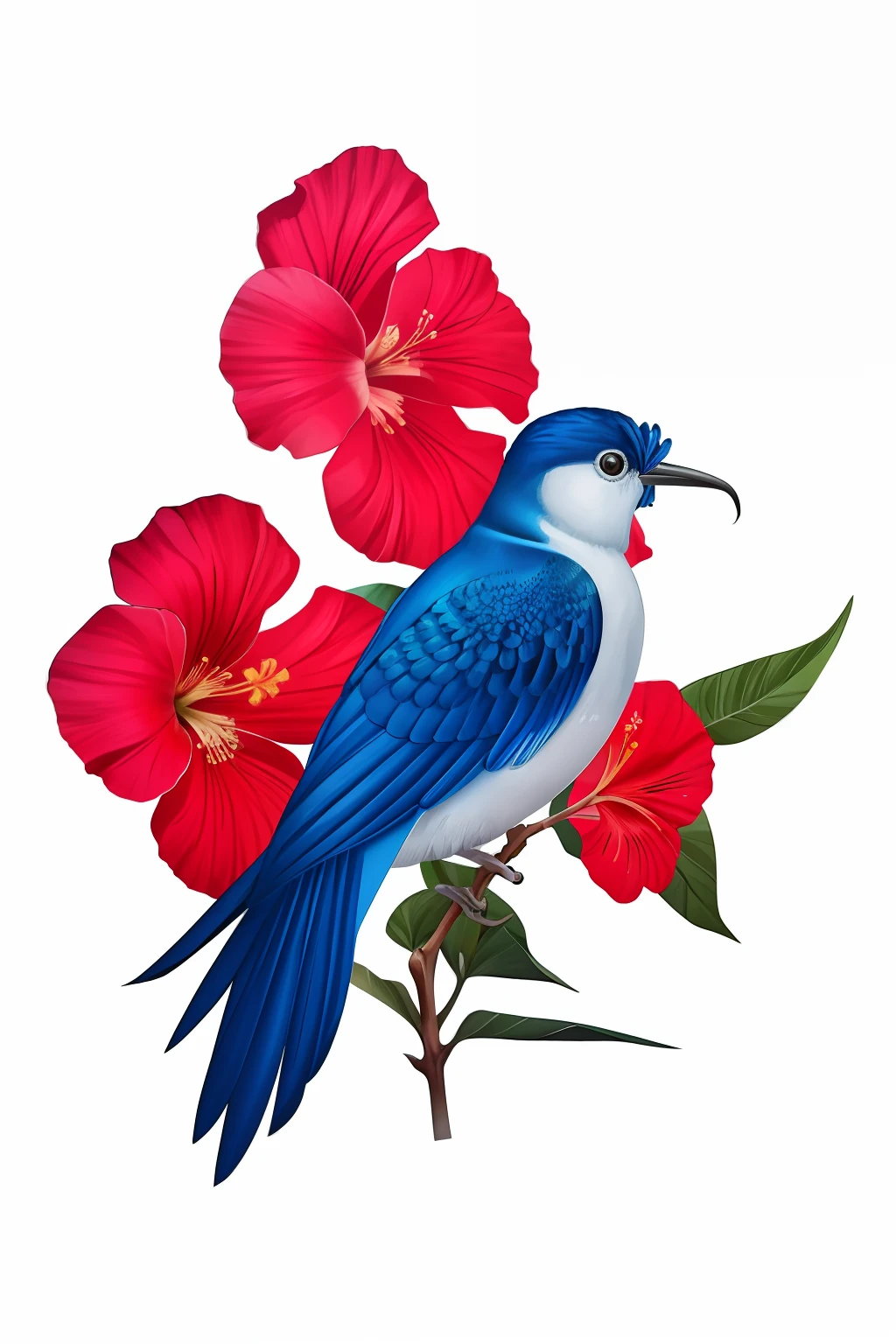 hibiscus flower wrap on a beautiful bird against a white background, simple background, minimalist images, photography installations, paleocore,  hyper-realistic, poetic intimacy
