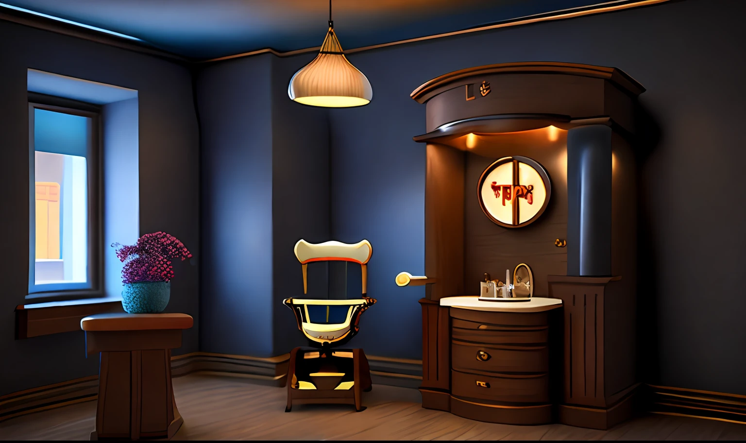 Old medieval dental office, lit by Edson's lamps, Room built of wood, small office, at night, (teto baixo), piso de madeira escura, rustic furniture, Bokeh blur, ((15th century)), night time, hyper realistic, fotorrealista, former Victorian dental chair ethyl office odnological laboratory of the 30s, bem iluminado, com um porta-retrato sobre a bancada, logotipo escrito "TP orthodontics"