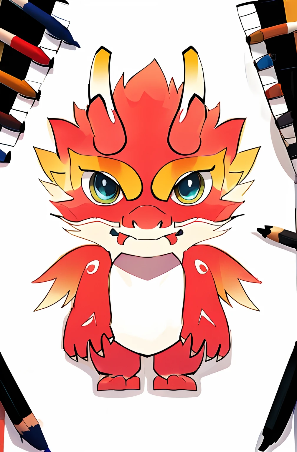 A drawing of big eyes, cute little dragon, Simple lines of art, Coloring book outline, thick black lineart, a mythical creature, anthropomorphic dragon, as an anthropomorphic dragon, line art colouring page, clean lineart, Dragon in the background, vector line art, Dragon centered