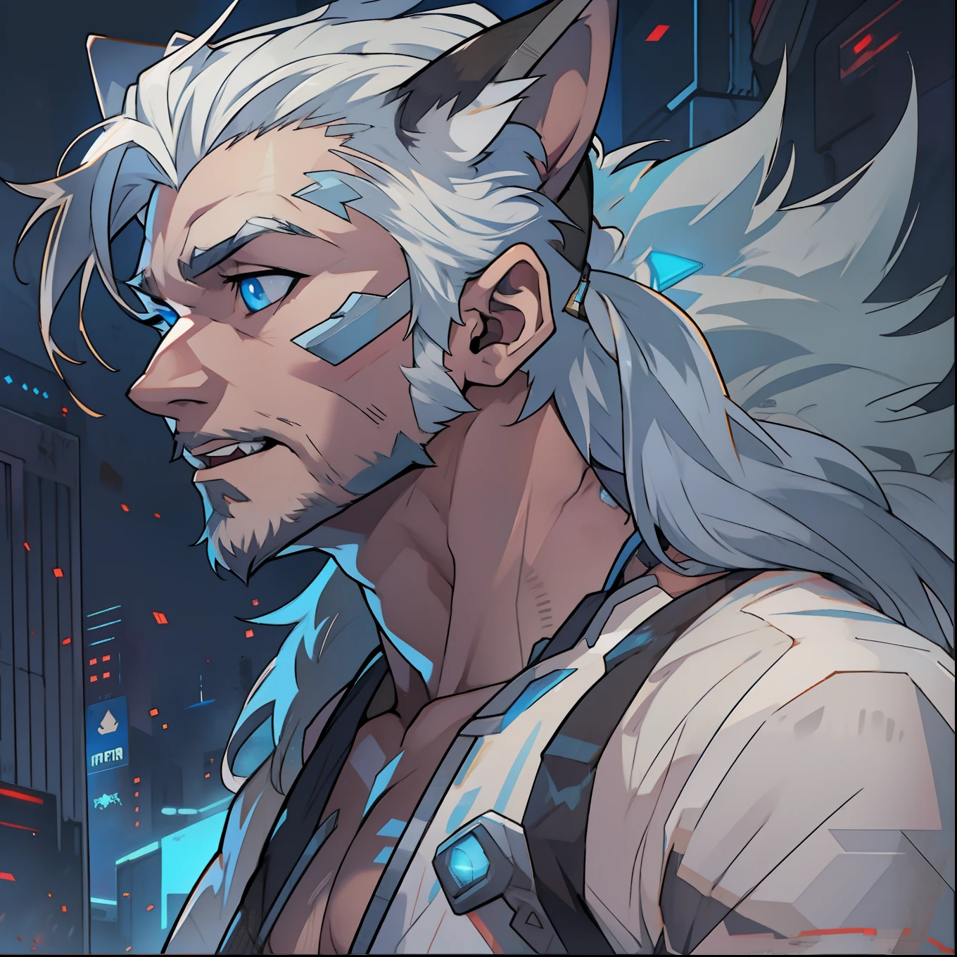 Male with light beard, flowing white hair, has wolf ears, has wolf tail, shirtless, happy, playful, in cyberpunk outfit, has blue eyes