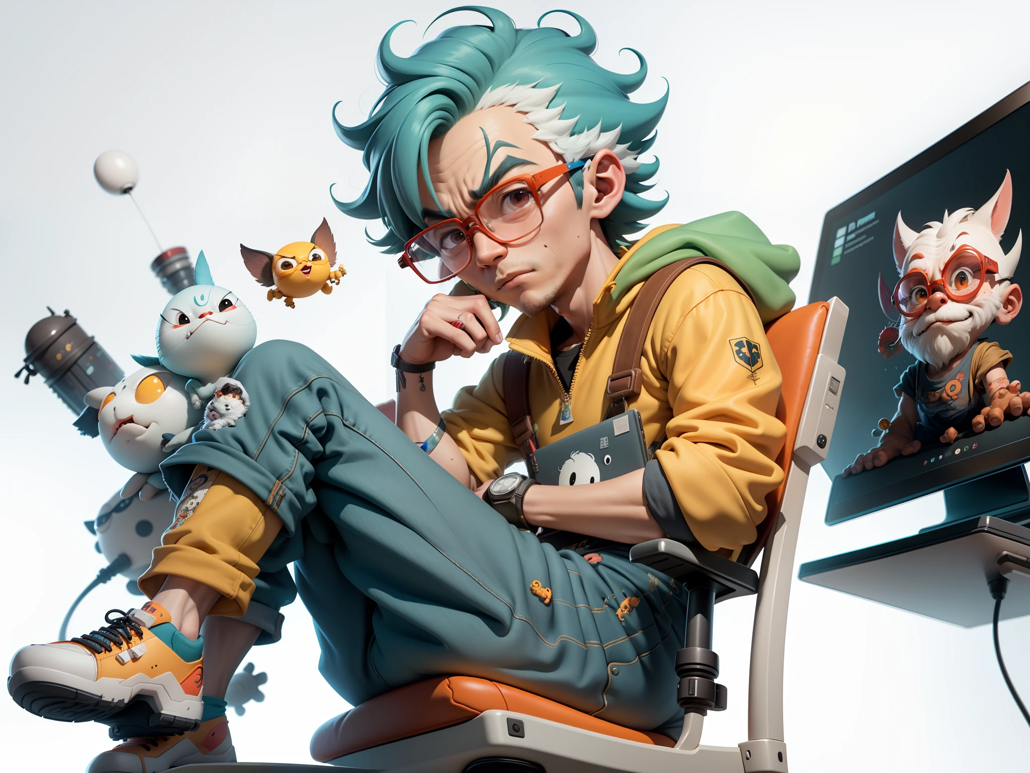 A young man with glasses sits at his desk,holding laptop,digitial painting,3D character design by Mark Clairen and Pixar and Hayao Miyazaki and Akira Toriyama,4K HD illustration,Very detailed facial features and cartoon-style visuals。