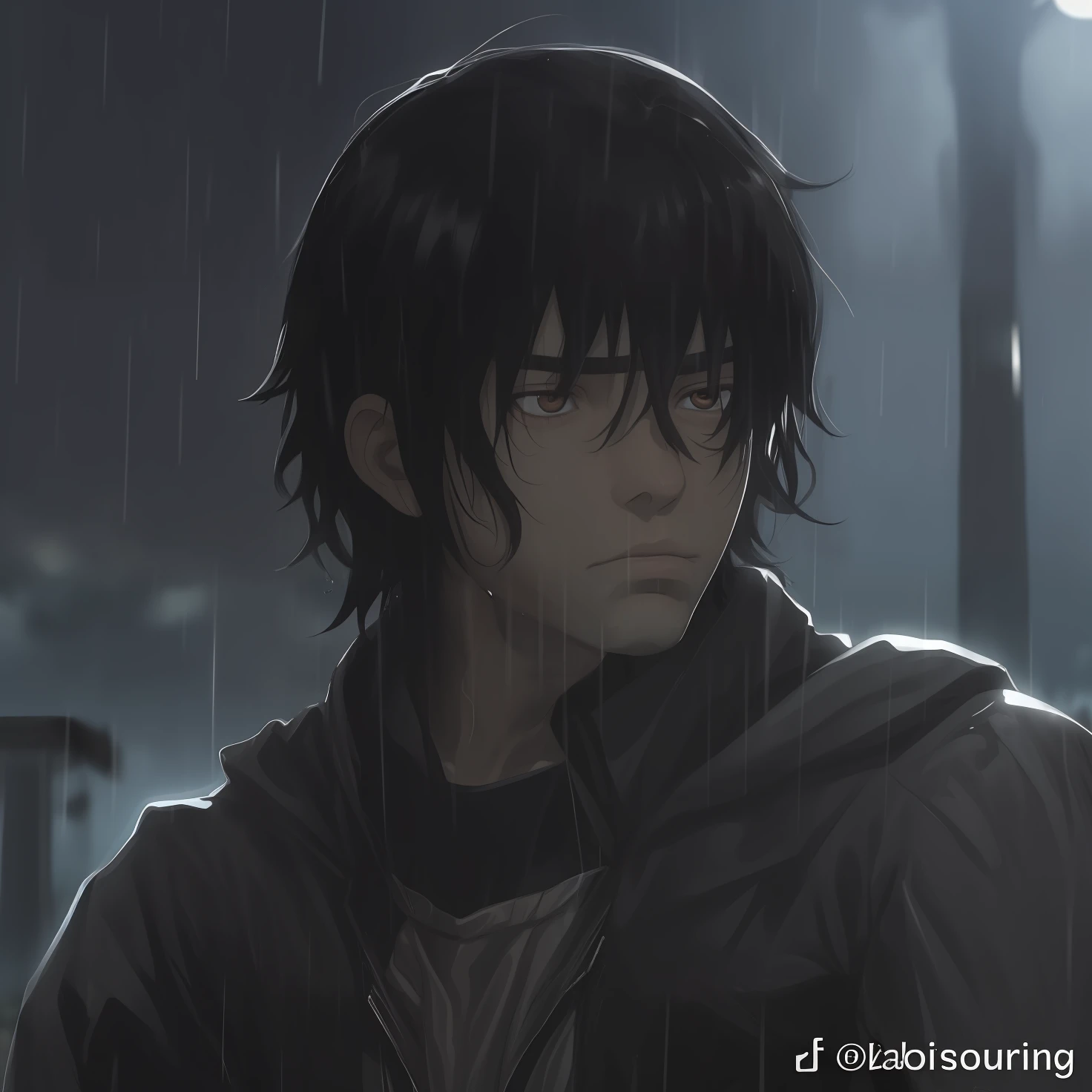 Young rider, sad, lonely, young man, black hair, brown eyes, rain, detailed, 4k