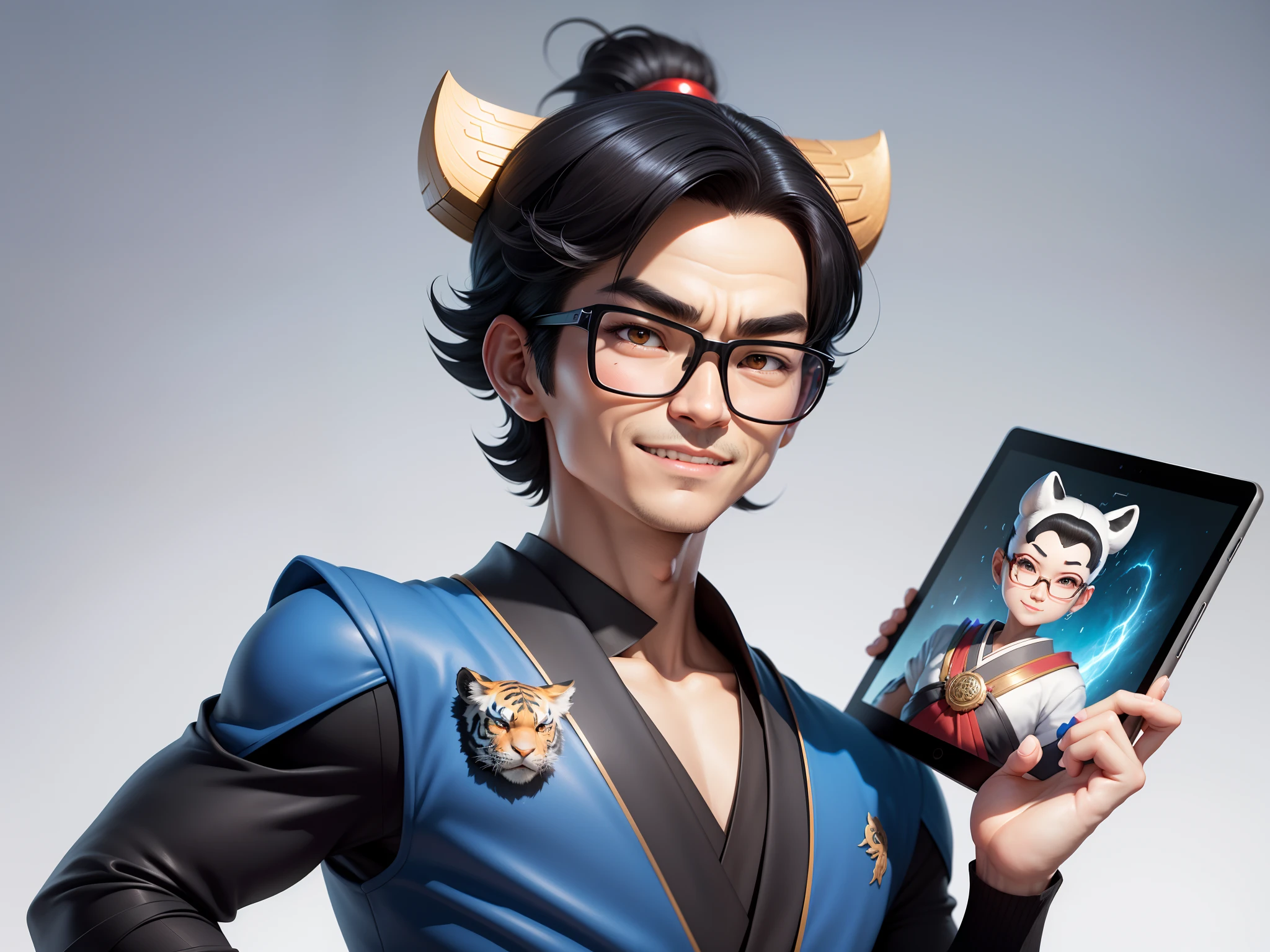 (Masterpiece), (Excellent), (Super Meticulous), (Full Body: 1.2), Super Young Man with Japanese Female Geisha, Pretty, Beautiful, Chinese Dragon, Tiger, Wind God Thor, Sexy, Bursting, Oriental Face, TV Anchor, Bust Portrait Illustration, Black Suit, Blue Tie, Slightly Chubby Face, Silver Glasses, Very Clean Face, No Beard on Chin, Black Super Short Hair, Black Eyes, Confident Smile, 3c Computer Sub-Products, iPad, iPhone, Digital Painting, 3D character design by Mark Clairedon and Pixar and Hayao Miyazaki and Akira Toriyama, the illustrations are HD illustrations in 4K resolution with highly detailed facial features and cartoon-style visuals.