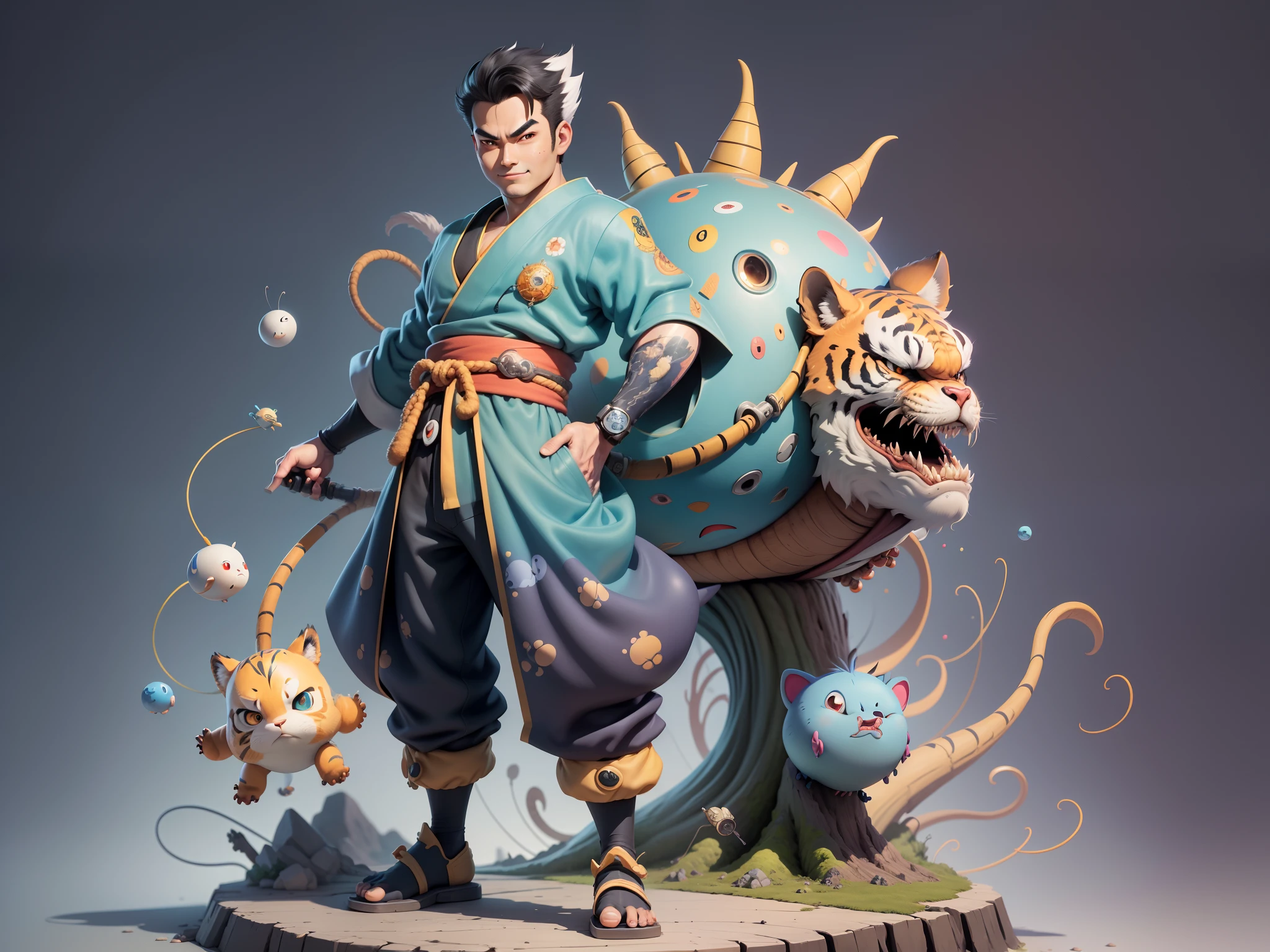 (Masterpiece), (Excellent), (Super Meticulous), (Full Body: 1.2), Super Young Man, Oriental Face, Japanese Kimono, Japanese Wind Thunder God, Dragon, Tiger, TV Anchor, Bust Portrait Illustration, Alone, Black Suit, Blue Tie, Slightly Chubby Face, Very Clean Face, No Beard, Black Super Short Hair, Black Eyes, Confident Smile, 3c Computer Sub-Products, iPad, iPhone, Digital Painting, 3D Character Design by Akira Toriyama and Mark Claireden and Pixar and Hayao Miyazaki, The illustration is a high-definition illustration in 4K resolution with very detailed facial features and cartoon-style visuals.