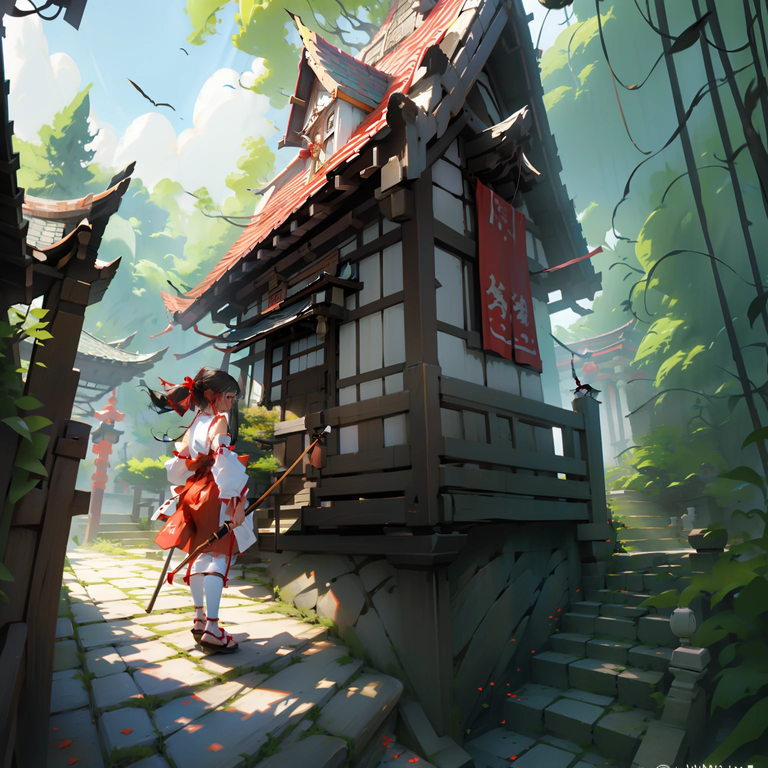An image is a picture in which there is fantasy in it. pure、There is a man with a cane on the left, Shiramine Shrine, 1girl in, shrines, reimu hakurei, broom, stone lantern, Solo, Bow, Donation Box, tree, Hair Bow, noose, Detached sleeves, Shimenawa, pavement, Red bow, Side, paths