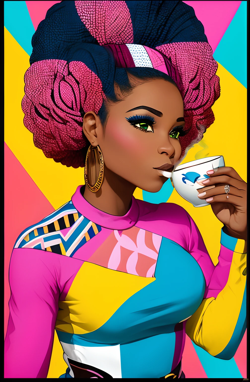 (A BEAUTIFUL AFRICAN AMERICAN WOMAN WITH A CUP OF COFFEE COMING OUT SMOKE IN HER HAND, Beautiful cup ,Coloridas ,pink and blue and yellow WRITTEN WE COOFFE IN THE CUP ),  Eduardo Kobra ,Romero Brito,The Filling Twins ,multidimensional geometric wall PORTRAIT, arte, Chibi,
Yang08k, lindo, Colouring,
Primary works, qualidade superior, melhor qualidade, Arte Oficial, Beautiful and Aesthetic, 128 mil