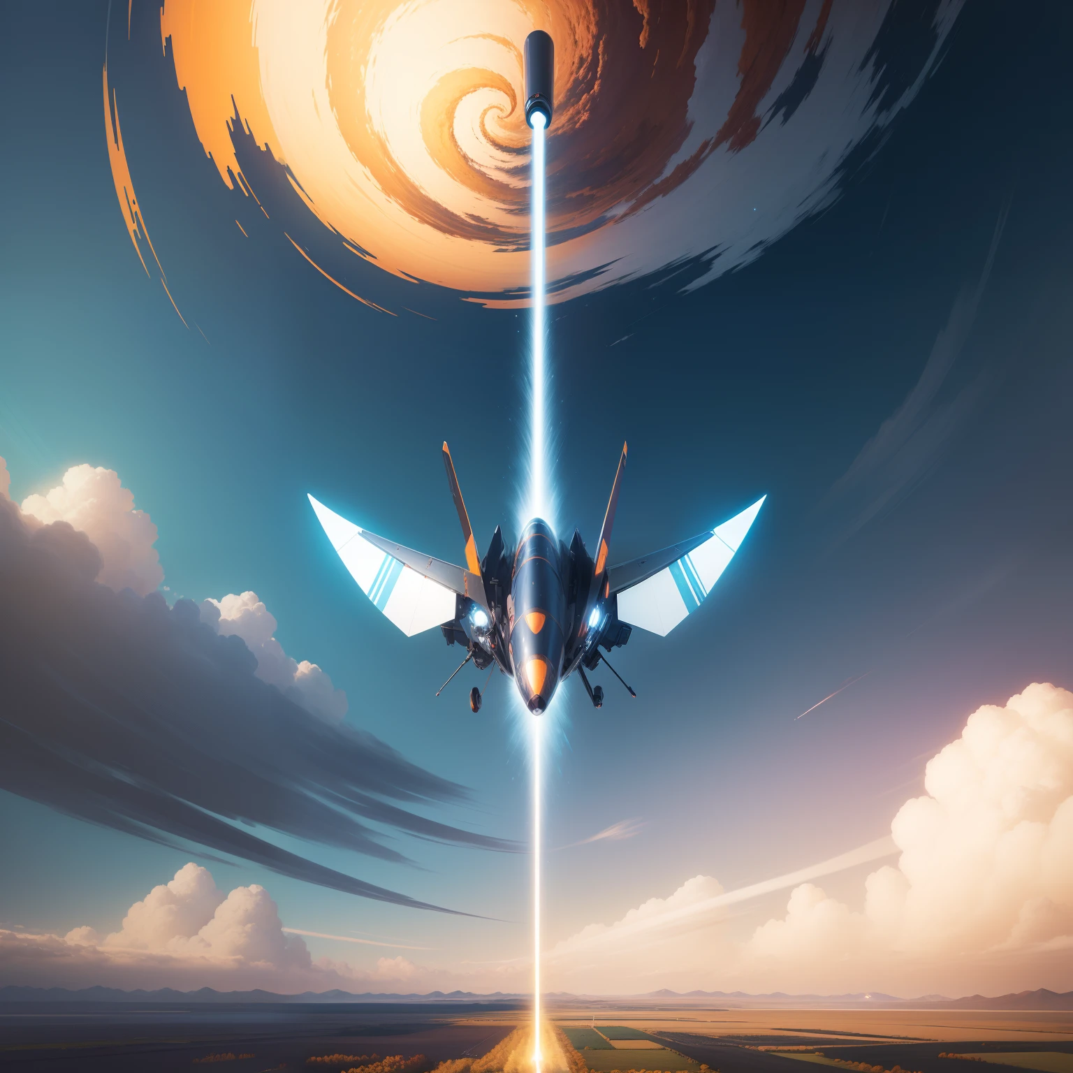 Landscape painting、Background with、Ultra-Reality、High quality、mirai、Flying light at high speed、vivd colour、Distorted order