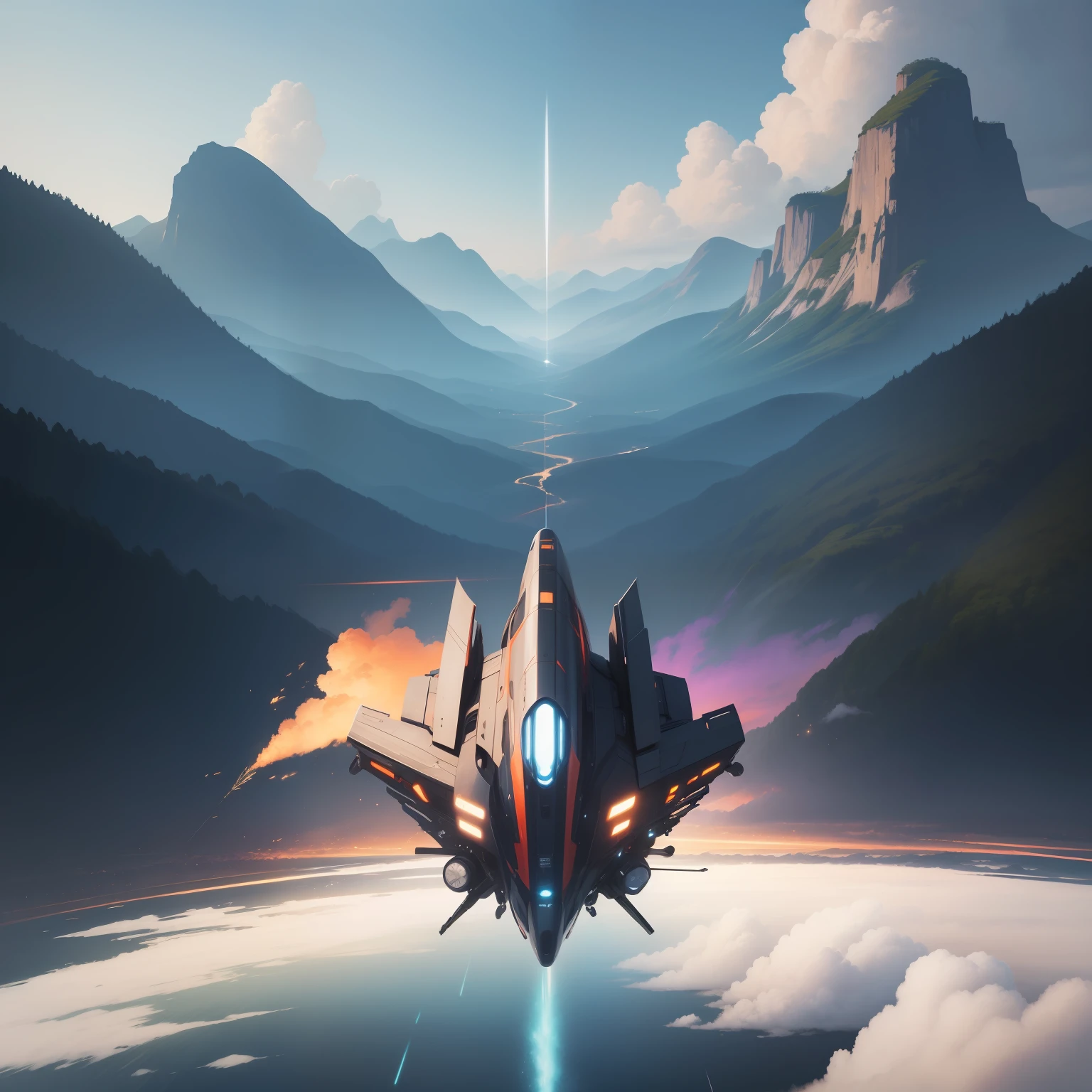 Landscape painting、Background with、Ultra-Reality、High quality、mirai、Flying light at high speed、vivd colour、Distorted order