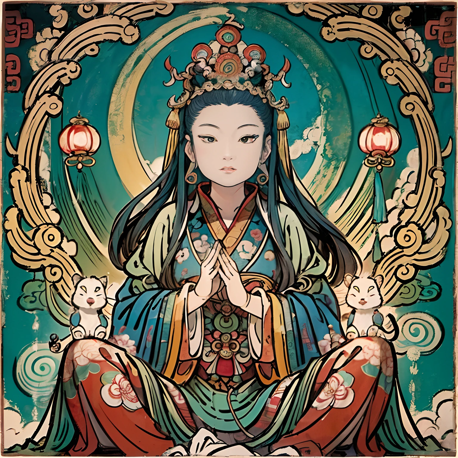 an ancient Chinese goddess, guanyin of the southern seas, Guanyin, Inspired by India, Avalokiteshvara Bodhisattva Lion,,Serene expression,shui mo hua,Buddha,Buddhist,Lotus,Chinese painting style,Thangka style