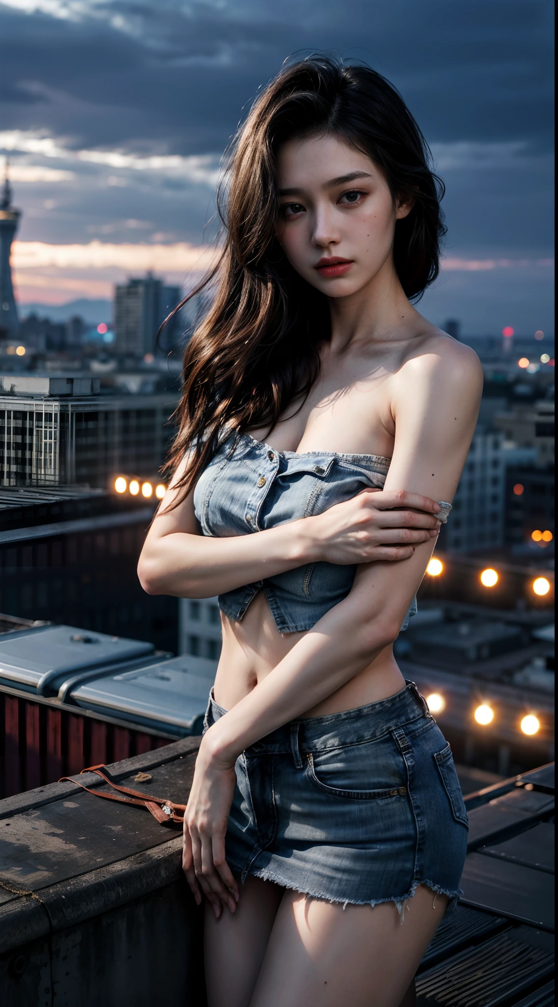 (1girl), russian, solo, long_hair, wearing(denim-strapless-shirt, white-miniskirt), photo(long-shot), portrait, standing, pov, blurry_background, background(night, tower, rooftop, nightlight), (photorealistic, absurdres, best_quality:1.55),