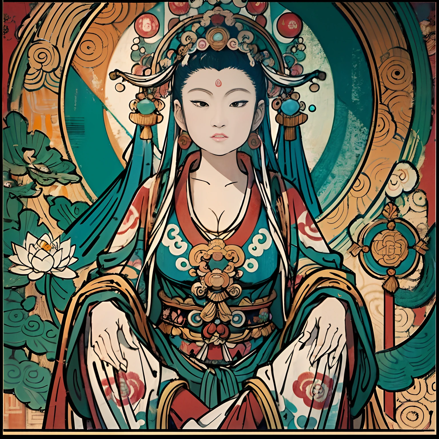 an ancient Chinese goddess, guanyin of the southern seas, Guanyin, Inspired by India, Avalokiteshvara Bodhisattva Lion,,Serene expression,shui mo hua,Buddha,Buddhist,Lotus,Chinese painting style,Thangka style