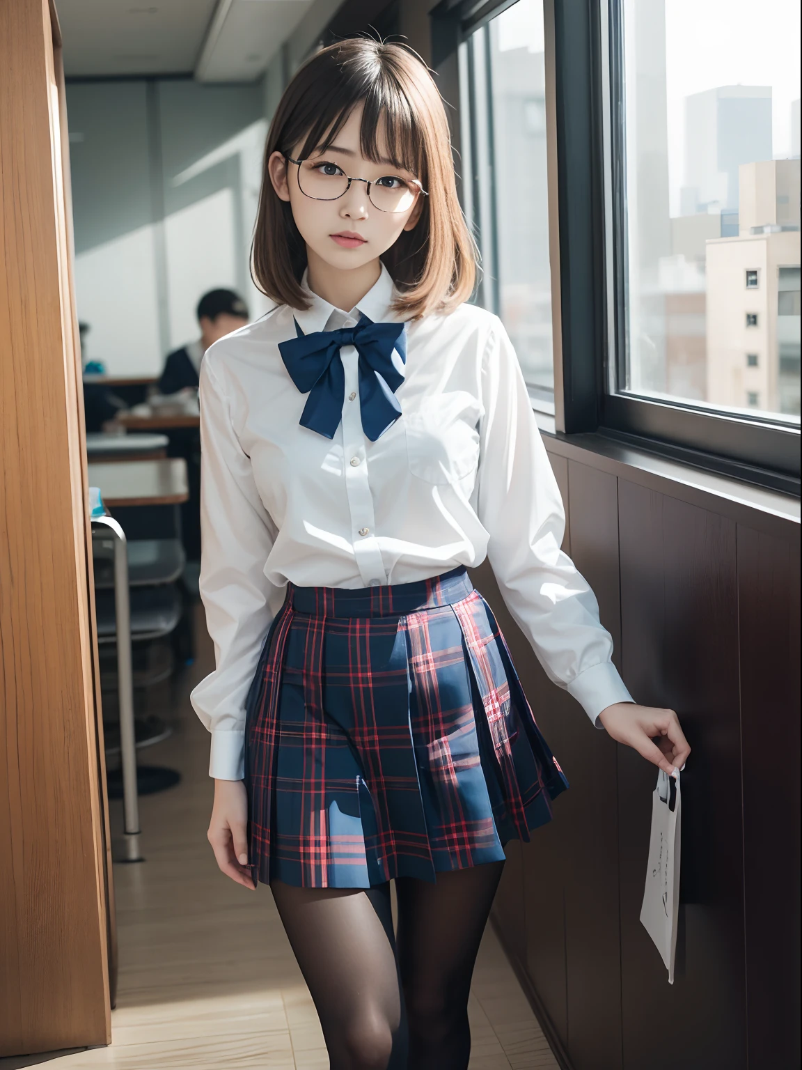 (8K、Raw photography、top-quality、masterpiece:1.2),(bob cuts),cocky,School,watching at viewers,Looking at the front,Muchimuchi,Erotic,Pupils,Light Blue Bra,Bra shows through shirt,de pele branca,kne,(Black pantyhose),absurderes,a small face,small tits,flat breast,Parting the bangs from the middle、Forehead visible,(a cold expression,Tight eyes,glares,Bullish,skinny,Rasping,irate)、masterpiece,top-quality、超A high resolution,Raw photo,ren,Beautiful fece,One Person, 独奏,eye glass,,Dark look,Small breasts,fullllbody,Round glasses、cute little,JK school uniform,hi-school girl,A Japanese Lady,is standing,(Photorealsitic:1.37)、Photon mapping,Realistic、Beautie,Cute little face,Brown-eyed、Black socks、(Red bow tie)、Radio City、Physically Based Rendering、depth of fields、Blurry background、a picture,Body,teens girl,beauty legs, Long legs, Thin leg,(Bangs are visible), hair, s lips, Blue_The eye, nosesoft,(Light blue shirt), (Navy and blue and white plaid pleated skirt), Knees are visible,Sheer clothing,, Thigh, Black cotton socks,Nogizaka Idol, 女優, Japanese ido