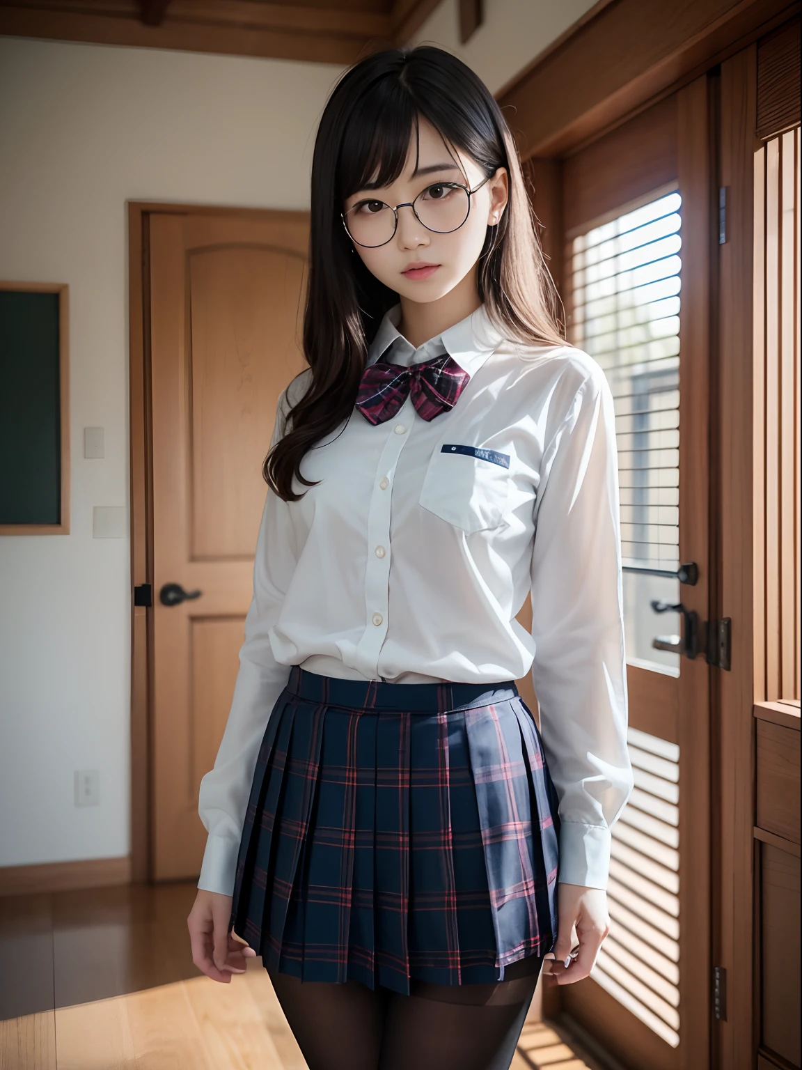 （8K、Raw photography、top-quality、​masterpiece：1.2),(bob cuts),cocky,School,watching at viewers,Looking at the front,Muchimuchi,Erotic,Pupils,Light Blue Bra,Bra shows through shirt,de pele branca,kne,(Black pantyhose),absurderes,a small face,small tits,flat breast,Parting the bangs from the middle、Forehead visible,(a cold expression,Tight eyes,glares,Bullish,skinny,Rasping,irate)、​masterpiece,top-quality、超A high resolution,Raw photo,ren,Beautiful fece,One Person, 独奏,eye glass,,Dark look,Small breasts,fullllbody,Round glasses、cute little,JK school uniform,hi-school girl,A Japanese Lady,is standing,（Photorealsitic：1.37）、Photon mapping,Realistic、Beautie,Cute little face,Brown-eyed、Black socks、(Red bow tie)、Radio City、Physically Based Rendering、depth of fields、Blurry background、a picture,Body,teens girl,beauty legs, Long legs, Thin leg,(Bangs are visible), hair, s lips, Blue_The eye, nosesoft,(Light blue shirt), (Navy and blue and white plaid pleated skirt), Knees are visible,Sheer clothing,, Thigh, Black cotton socks,Nogizaka Idol, 女優, Japanese ido