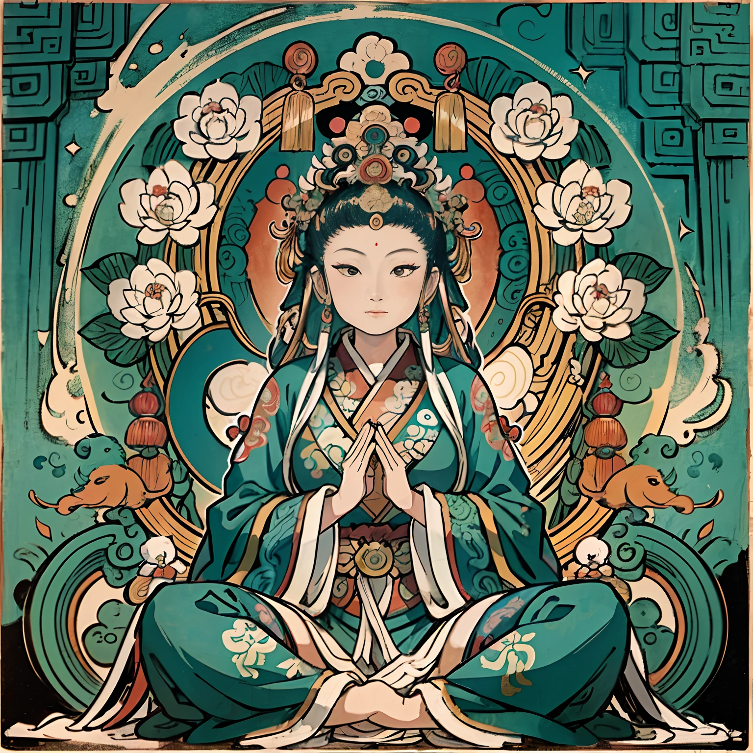an ancient Chinese goddess, guanyin of the southern seas, Guanyin, Inspired by India, Avalokiteshvara Bodhisattva Dragon,,Serene expression,shui mo hua,Buddha,Buddhist,Lotus,Chinese painting style,Thangka style