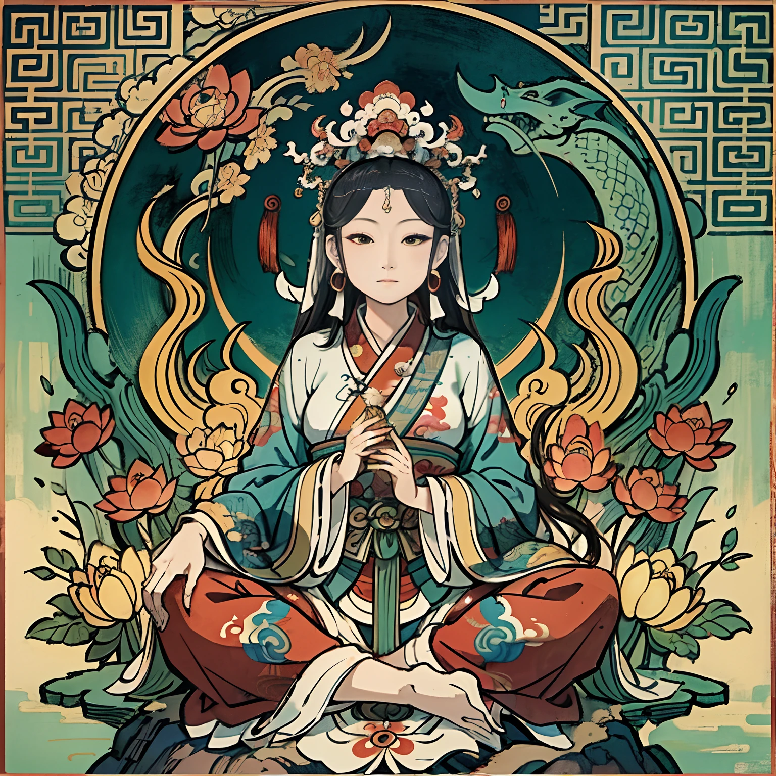 an ancient Chinese goddess, guanyin of the southern seas, Guanyin, Inspired by India, Avalokiteshvara Bodhisattva Dragon，,Serene expression,shui mo hua,Buddha,Buddhist,Lotus,Chinese painting style,Thangka style
