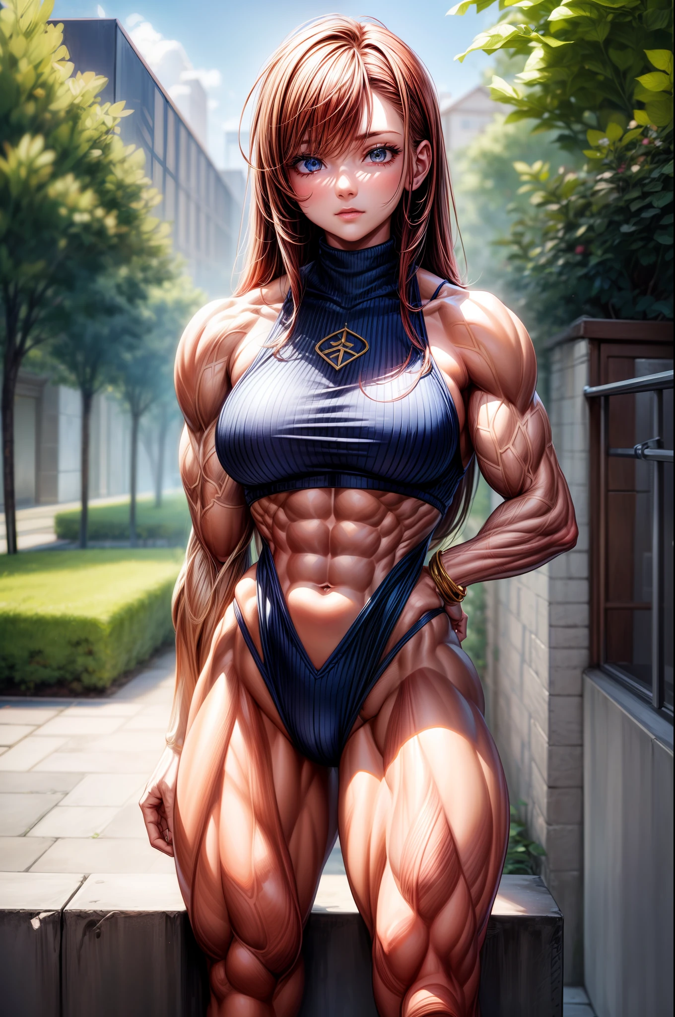 (BEST lighting) , (ultra intricately detailed) , 4K unification, (super-detailed CG: 1.2) , (8K: 1.2),(Original), (Masterpiece) , (Best quality),(Masterpiece:1.4),Anime-ish high quality,(Masterpiece),Masterpiece, Super clear picture quality,Clearer than movies,(Fine face)Best quality, absurderes,((masterpeace, 4K, 8K, Yes, A high resolution))1girll, girls,She was in the garden,Full body like,standing on your feet,Exposing the abdomen, Crop topping,There are bulges of dense veins on the arms,Spring, Boots, Perfect figure, Long red hair, Dynamic pose,Legs exposed,Strong leg muscles,Thigh muscles ((body builder:1.5)),Spring Garden,(Beautiful bace),(Girl),(Female),(((Upper body:1)))