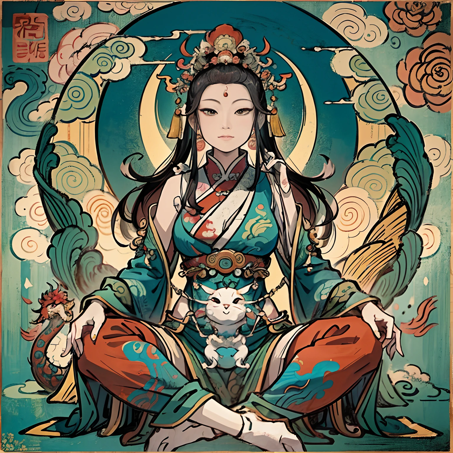 an ancient Chinese goddess, guanyin of the southern seas, Guanyin, Inspired by India, Avalokiteshvara Bodhisattva Dragon，,Serene expression,shui mo hua,Buddha,Buddhist,Lotus,Chinese painting style,Thangka style