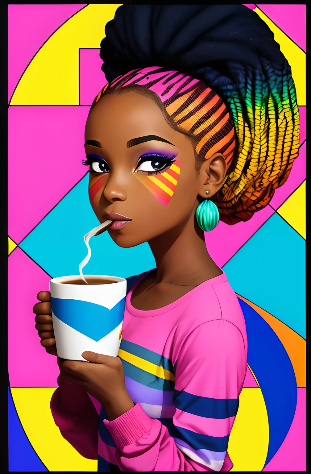 (A BEAUTIFUL AFRICAN AMERICAN WOMAN WITH A CUP OF COFFEE COMING OUT SMOKE IN HER HAND, Beautiful cup ,Coloridas ,pink and blue and yellow WRITTEN WE COOFFE IN THE CUP ), Eduardo Kobra ,Romero Brito,The Filling Twins ,multidimensional geometric wall PORTRAIT, arte, Chibi,
Yang08k, lindo, Colouring,
Primary works, qualidade superior, melhor qualidade, Arte Oficial, Beautiful and Aesthetic, 128 mil