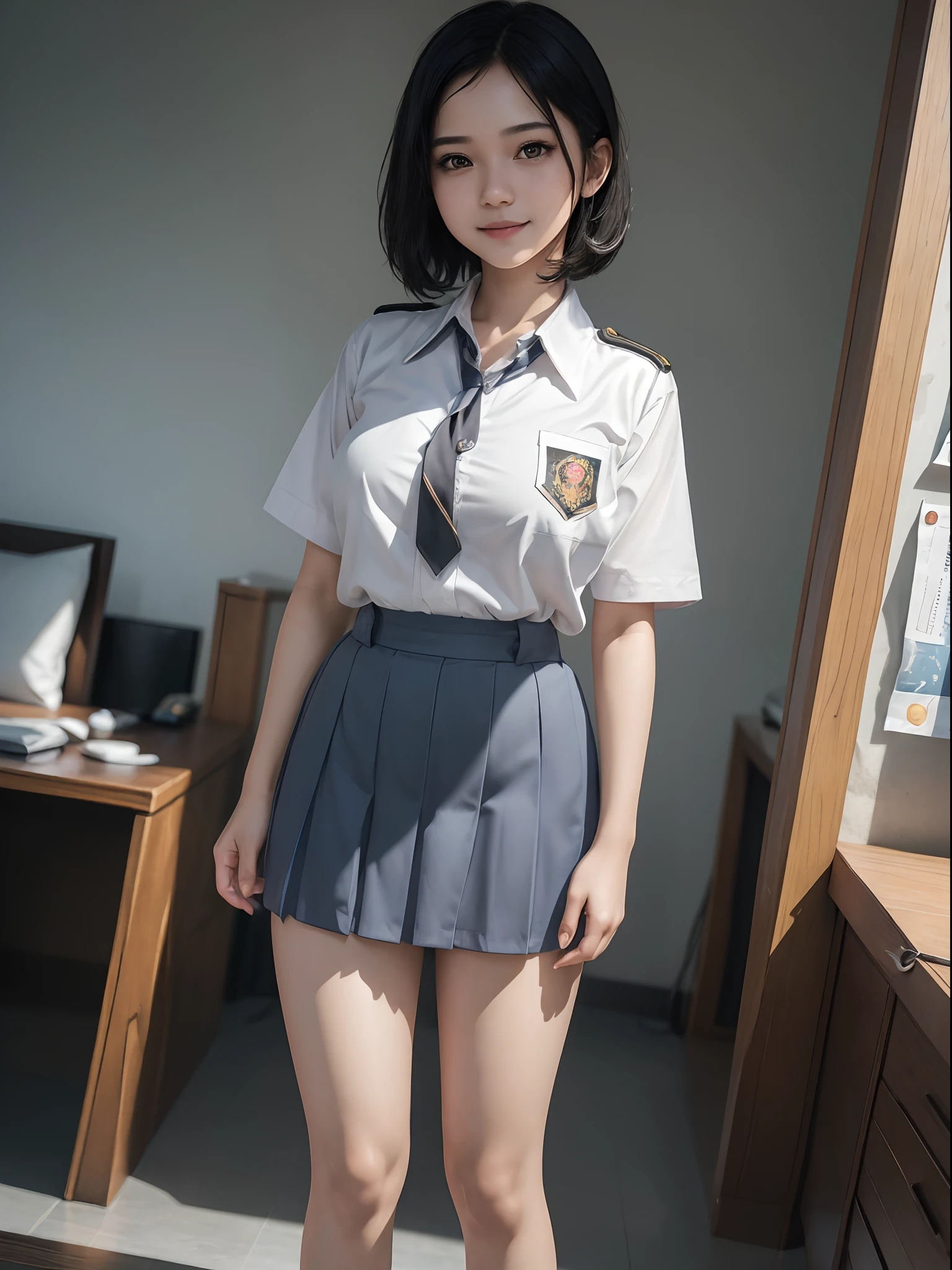 (realistic:1.3), insane detailed, quality, (masterpiece:1.2), (photorealistic:1.2), (best quality), (detailed skin:1.3), (intricate details), ray tracing, ((half body)), (((1girl))), (((1 person))), 18 years old, big breasts, short hair, smile, black hair, Indonesian high school uniform, (blurred background)