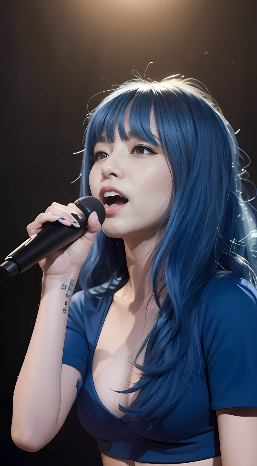 Close up portrait of blue-haired woman holding microphone, SCANDAL MAMI, with blue hair, , Japan band gal style, beautiful blue haired girl, flowing blue hair, rich blue colors, Singing hard、