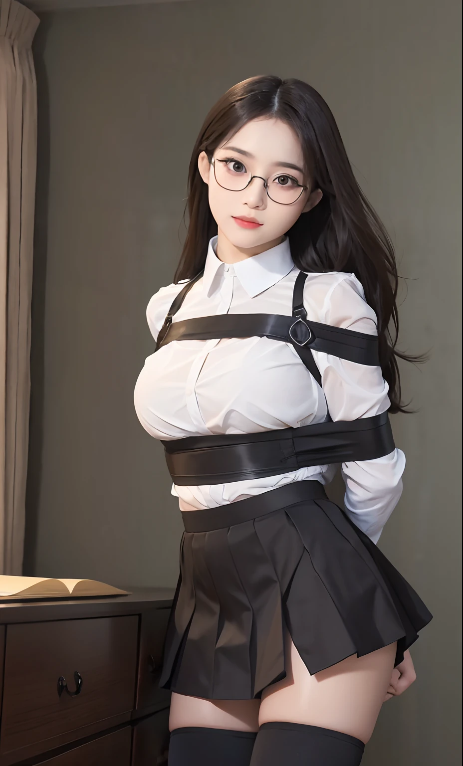 ulzzang-6500-v1.1, (raw photo:1.2), (photorealistic:1.4), beautiful detailed girl, very detailed eyes and face, beautiful detailed eyes, ridiculous, incredibly ridiculous, huge file size, super detailed, high resolution, very detailed, best quality, masterpiece, ((fashion clothing with diverse colors)), illustration, very detailed, CG, unified, 8k wallpaper, amazing, fine detail, masterpiece ,best quality, very detailed CG uniform 8k wallpaper, light on face, movie lighting, 1girl, 16 years old, long white hair, side splits, (big breasts), (no panties)), (glasses), ((dynamic pose))), ((sexy pose))), (camel toe), (half), (pantyhose)), ((black hip skirt)), bondage, bdsm.