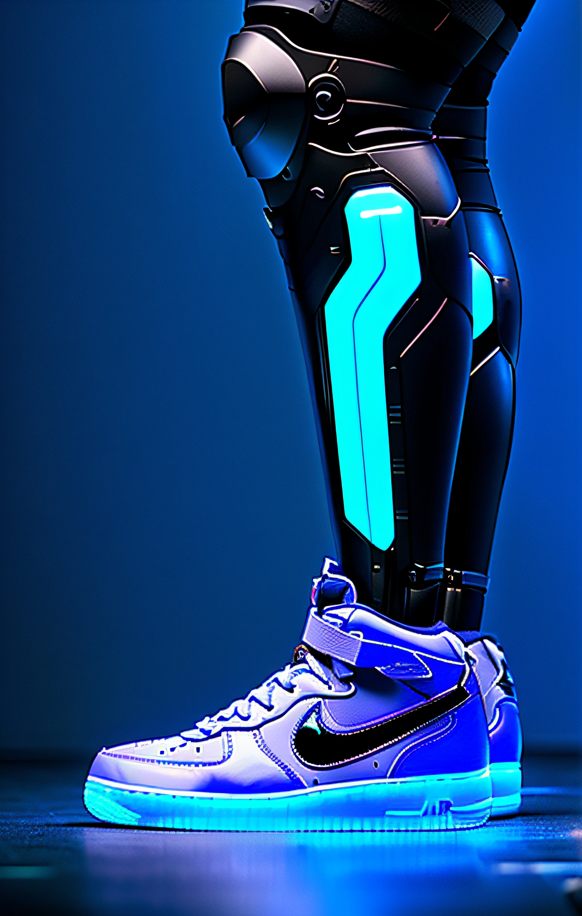 Nike Air Force High Pro, Cybernetic Extremities, cyborg azul, Robotic Limb, cybernetic legs, cyborg tech on body and legs, Neon cybernetic implants, mechanical limbs, prosthetic leg, extremidades artificiales, Zapatillas futuristas, Robotic limbs, Pie robot gigante, bipedal, Neon scales and cyborg technology, Robotic prosthetic limbs, exoskeletton