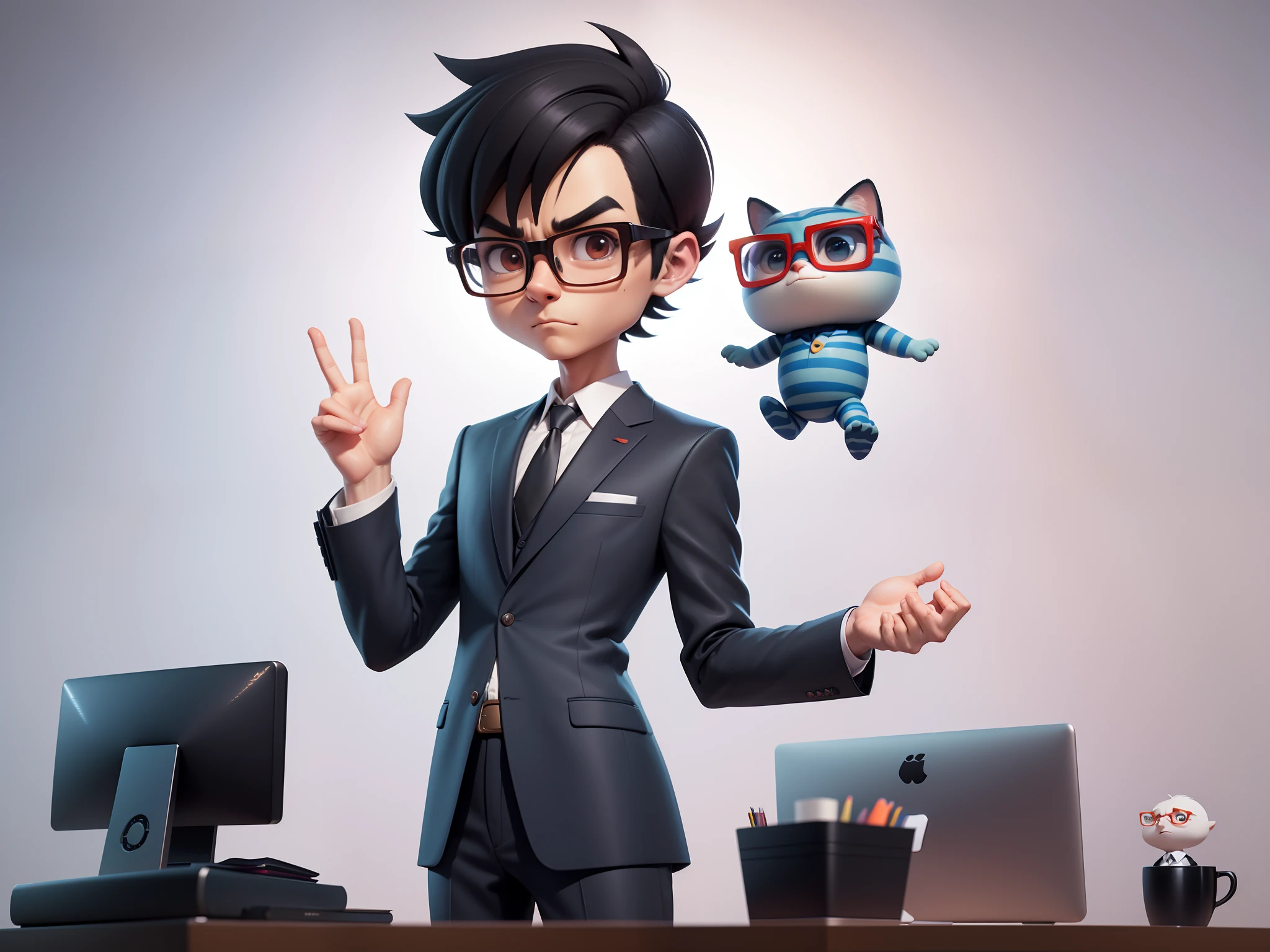 A young man in a suit, Short hair and glasses sat at his desk，holding laptop，digitial painting，tigre，3D character design by Mark Clairen and Pixar and Hayao Miyazaki and Akira Toriyama，4K HD illustration，Very detailed facial features and cartoon-style visuals。