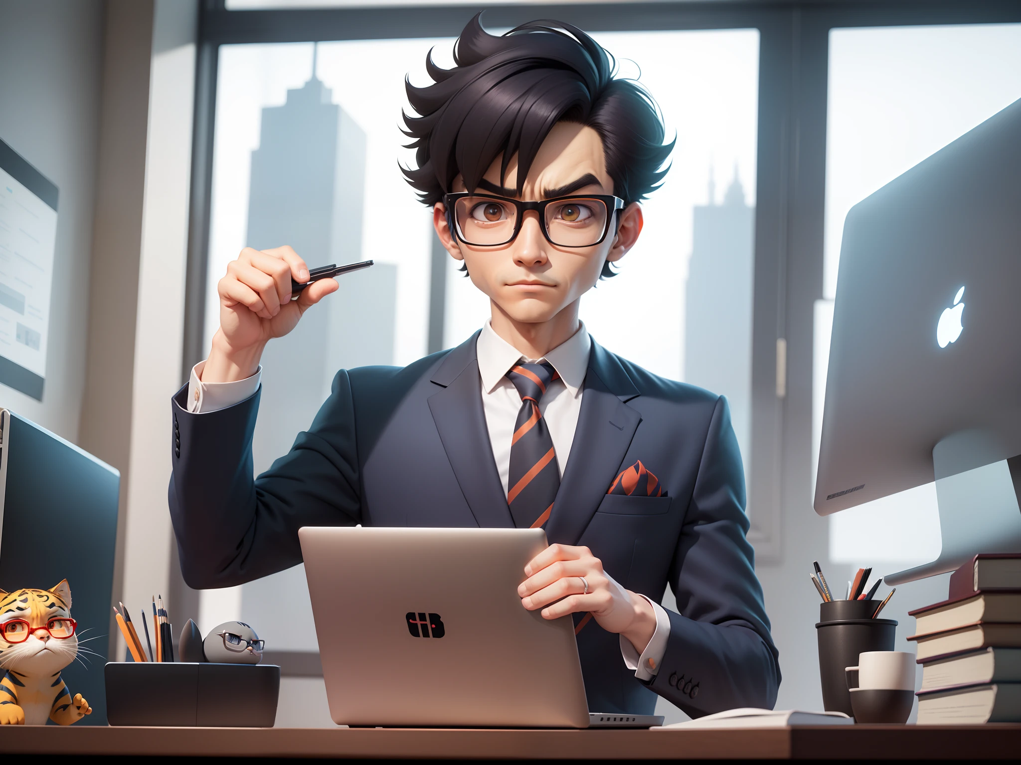 A young man in a suit, Short hair and glasses sat at his desk,holding laptop,digitial painting,tigre,3D character design by Mark Clairen and Pixar and Hayao Miyazaki and Akira Toriyama,4K HD illustration,Very detailed facial features and cartoon-style visuals。