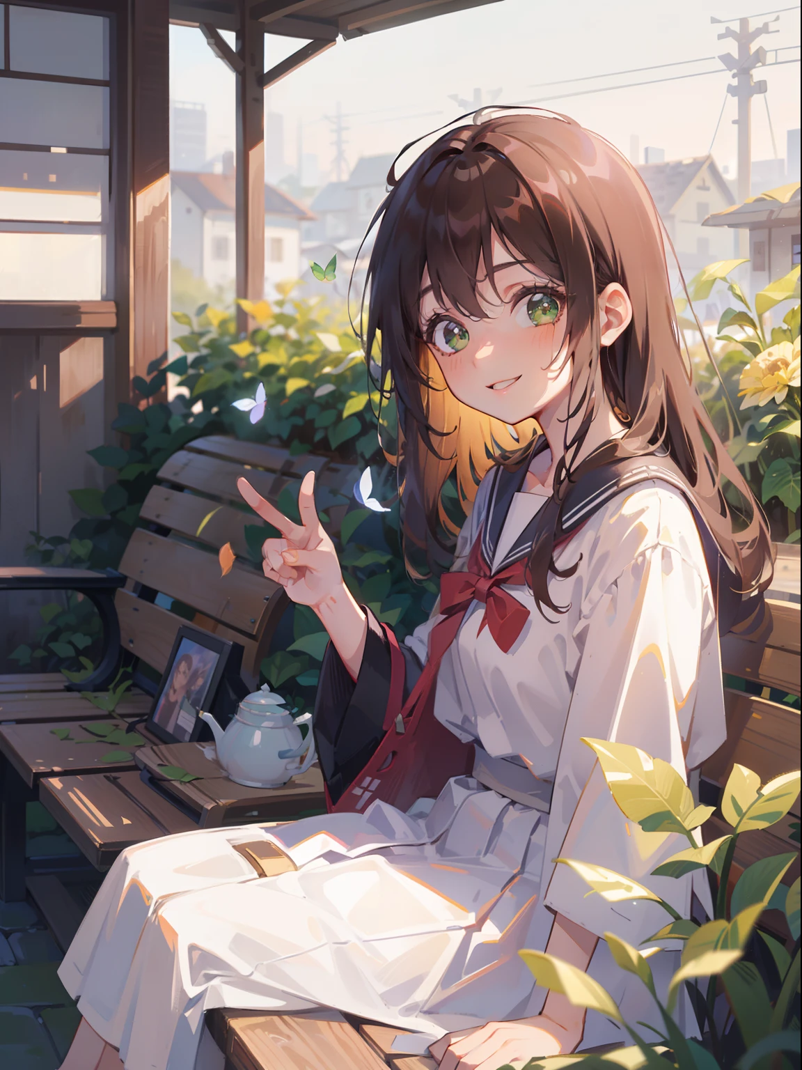 masterpiece), best quality, beautiful detailed hair detailed face, ultra high res, sharp focus, ((1 woman, solo)), perfect feminine face, upper body, medium long shot, MLS, (at the noon time:1.5), (from side), in garden, ((sitting on the bench)), leaf, flowers, butterflies, look at viewer, japanese uniform, ((beautiful shape eyes, green eyes)), chesnut brown hair, messy long hair, caring smiles, peace sign hand