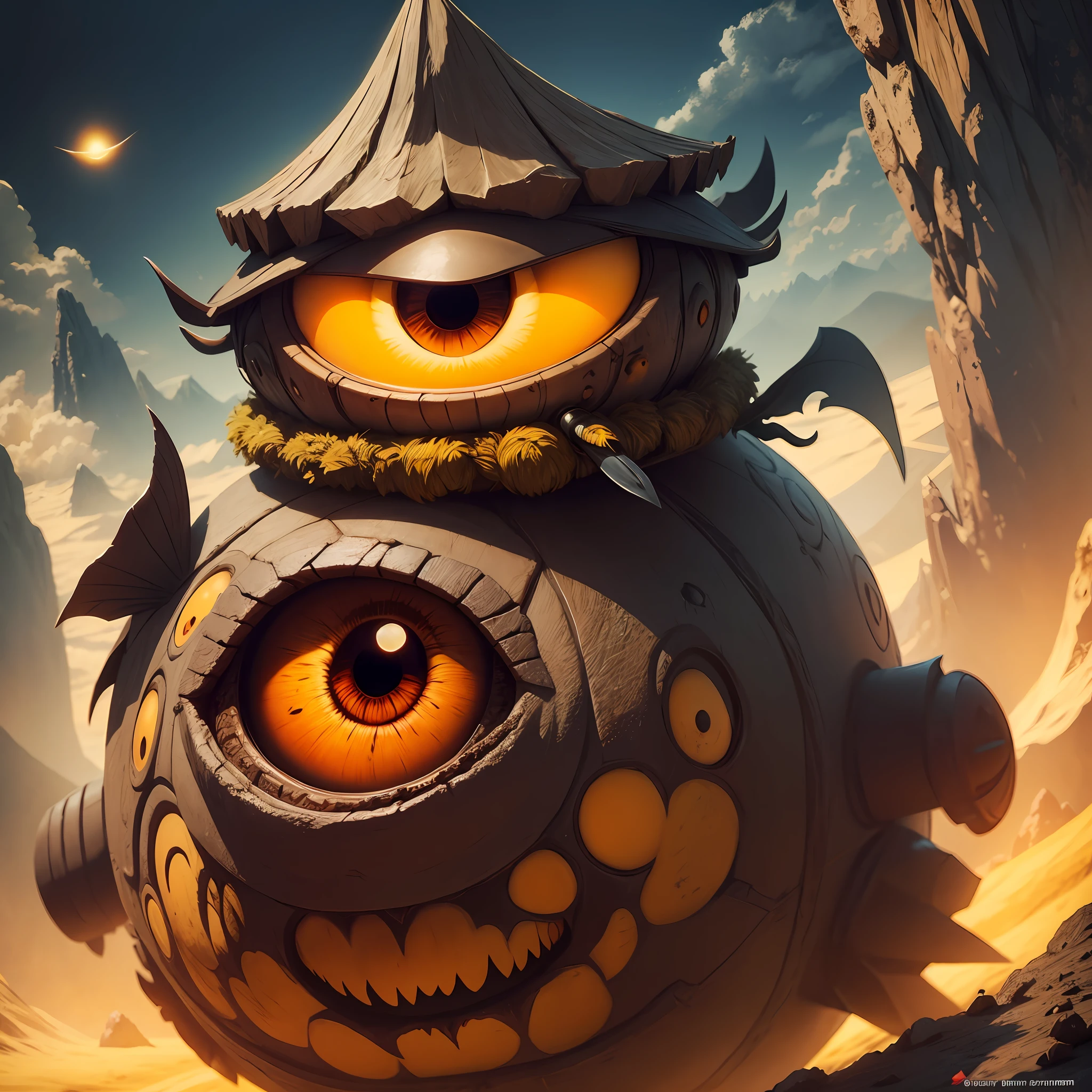 Lonely mountain with beholder flying over, bicho amarelo, One Eye, espinhos na cara, raio lazer