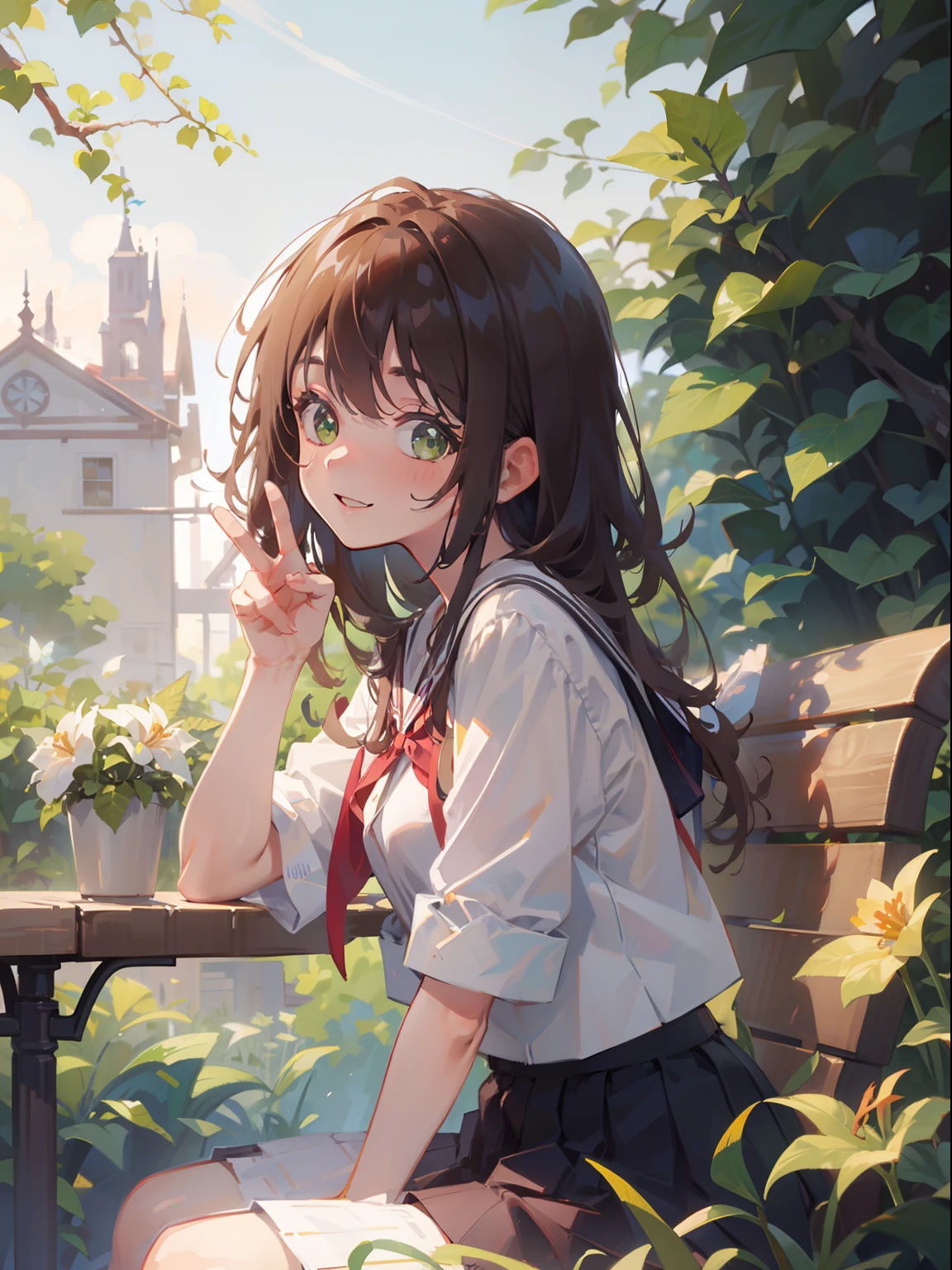 masterpiece), best quality, beautiful detailed hair detailed face, ultra high res, sharp focus, ((1 woman, solo)), perfect feminine face, upper body, medium long shot, MLS, (at the noon time:1.5), (from side), in garden, ((sitting on the bench)), leaf, flowers, butterflies, look at viewer, japanese uniform, ((beautiful shape eyes, green eyes)), chesnut brown hair, messy long hair, caring smiles, peace sign hand