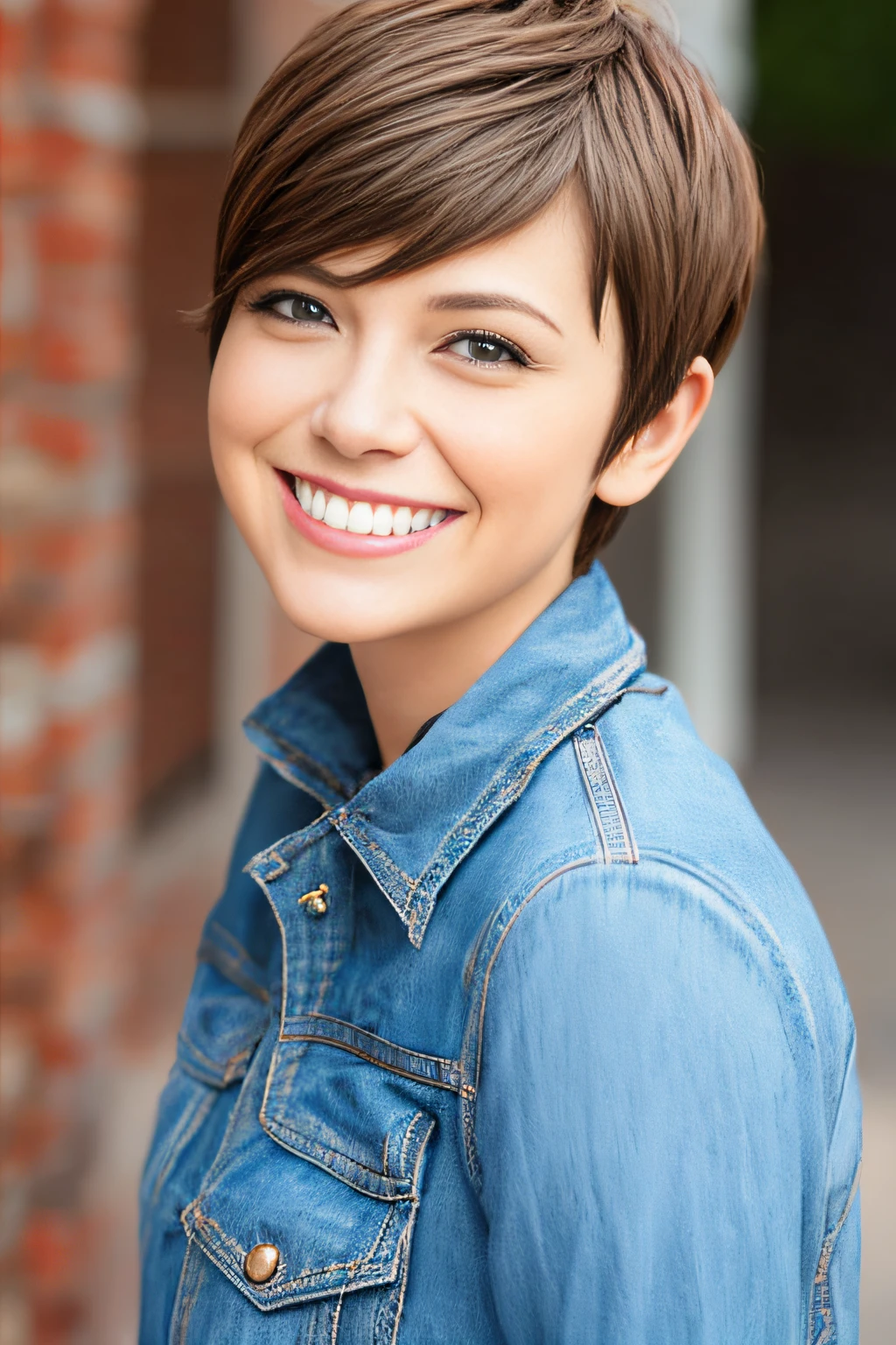 a pixie cut　A big smile　Brown hair