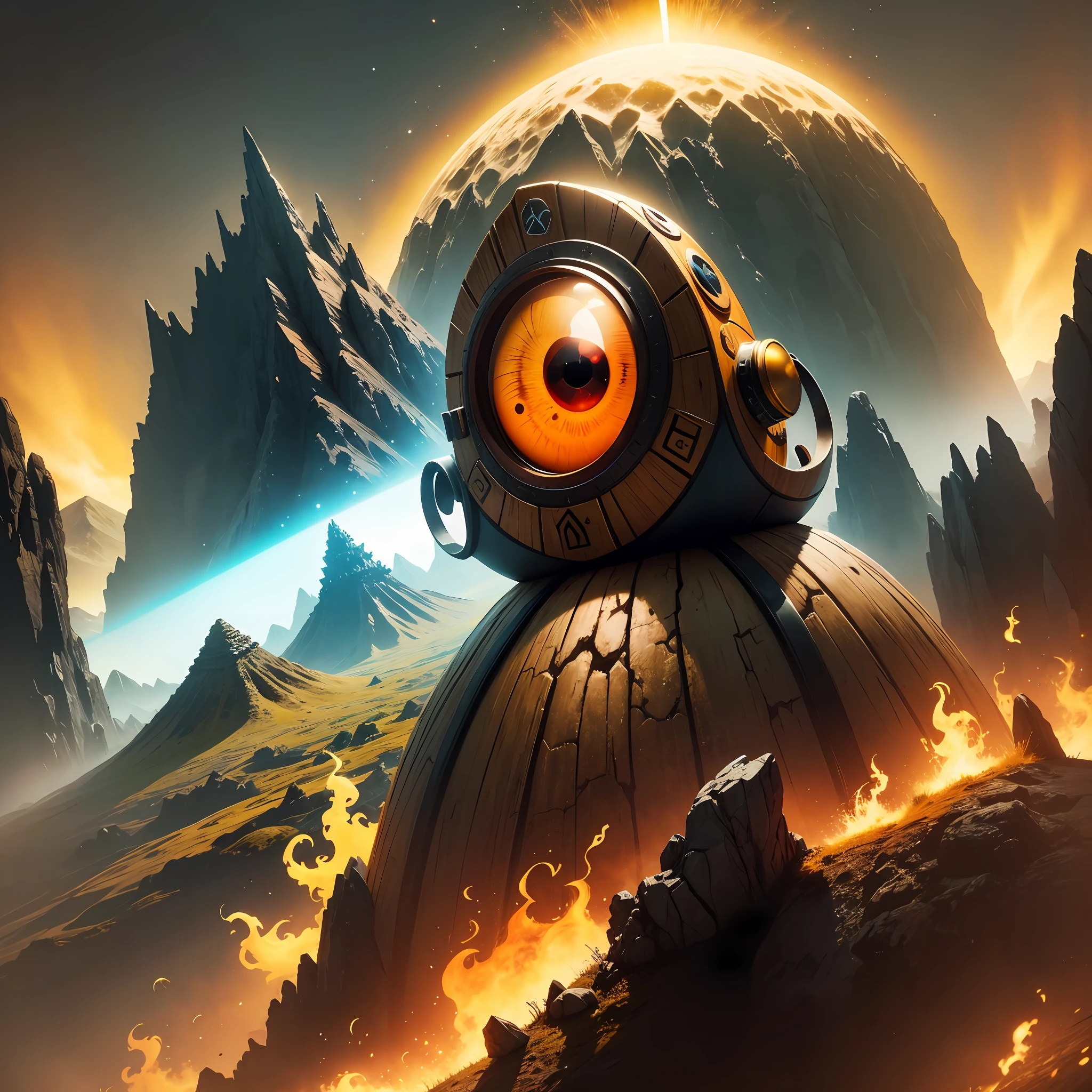 Lonely mountain with beholder flying over, bicho amarelo, One Eye, espinhos na cara, raio lazer