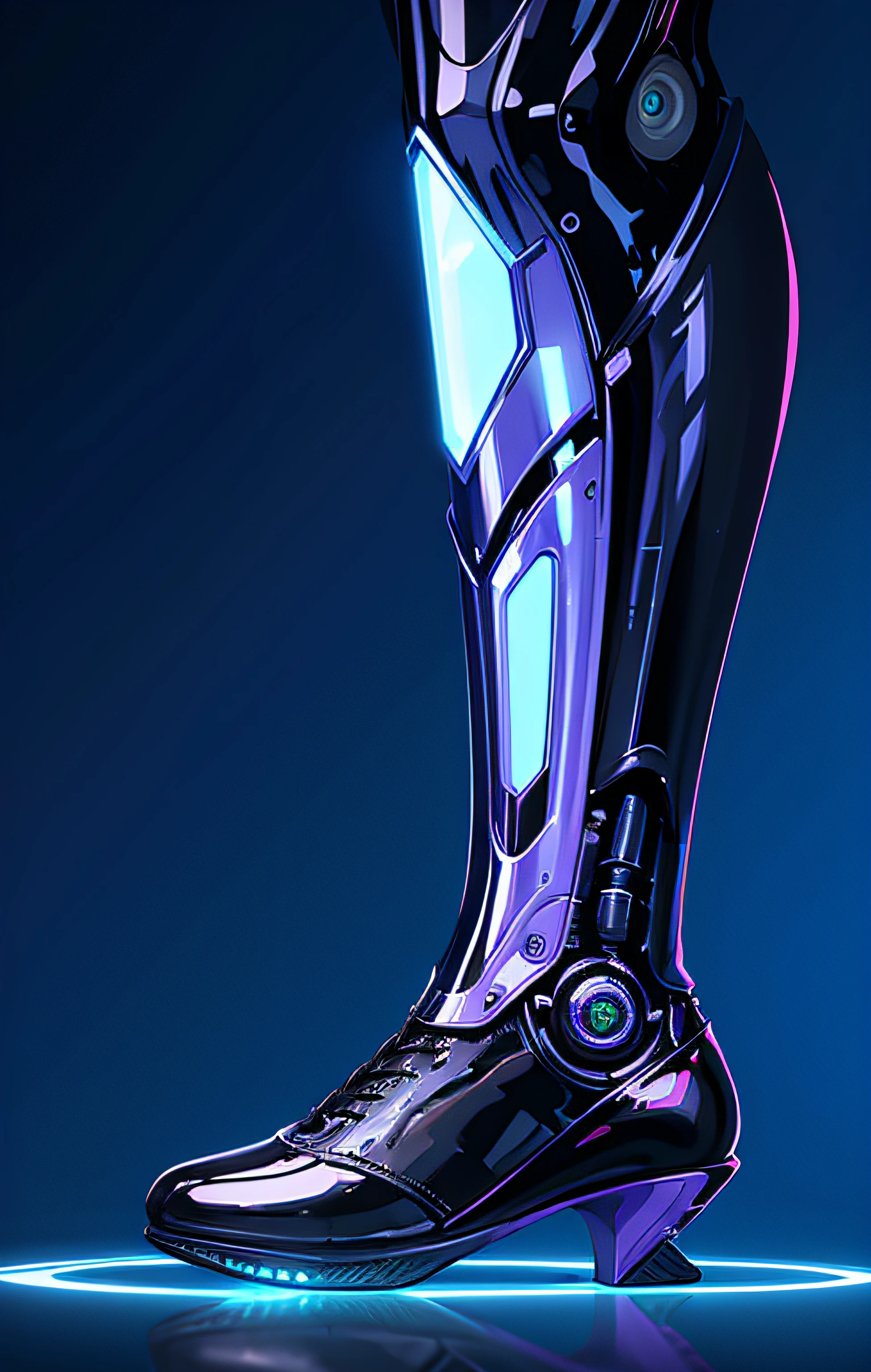 A close-up of a pair of shoes with a futuristic design, Zapatillas futuristas, cybernetic legs, Neon scales and cyborg technology, Cybernetic Extremities, Neon cybernetic implants, cyborg tech on body and legs, Vaporwave Sci - Fi, Pie robot gigante, Futuristic high-tech details, Cyberpunk Vaporwave, Vaporwave maximalista, Estilo cyberpunk hiperrealista