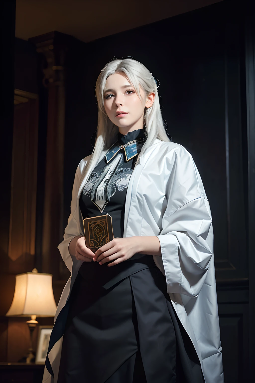 Hyperrealist portrait of female by david hockney and alphonse mucha,fantasy art, photo realistic, dynamic lighting, artstation, poster, volumetric lighting, very detailed faces, 4 k, award winning,, 1girl, in the dark, deep shadow, low key,cowboy shot,(official clothing:1.4) ,long hair,white hair,