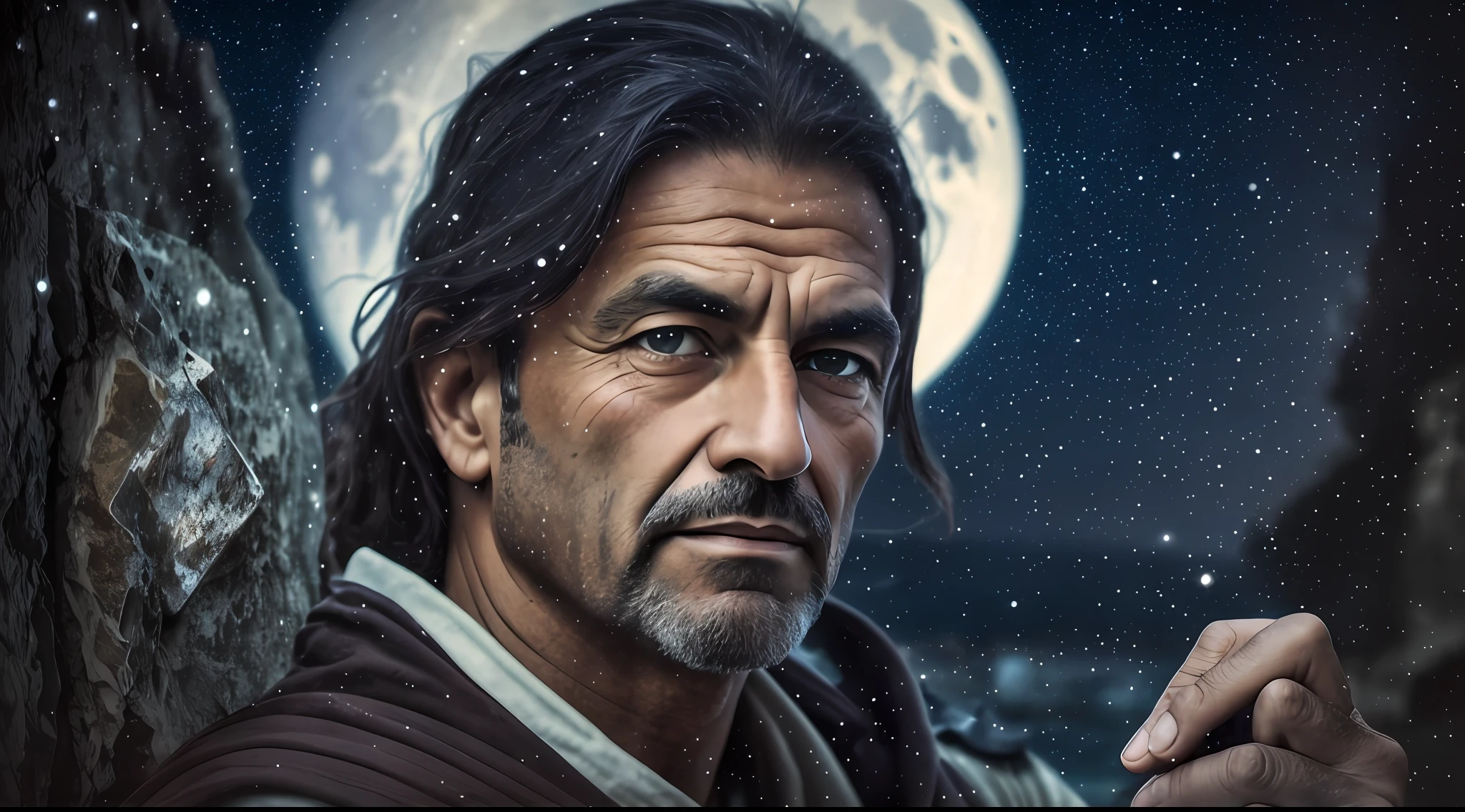award winning upper body portrait photo of a Portuguese sailor of the Middle Ages, with a stone in his hand, dark eyes looking upwards, (bokeh:0.7), sidelit, (wrinkled face in detail:0.7), telephoto, moonlit, torchlit, gritty atmosphere, oceanic night exterior, realistic, intricate details, aged skin texture