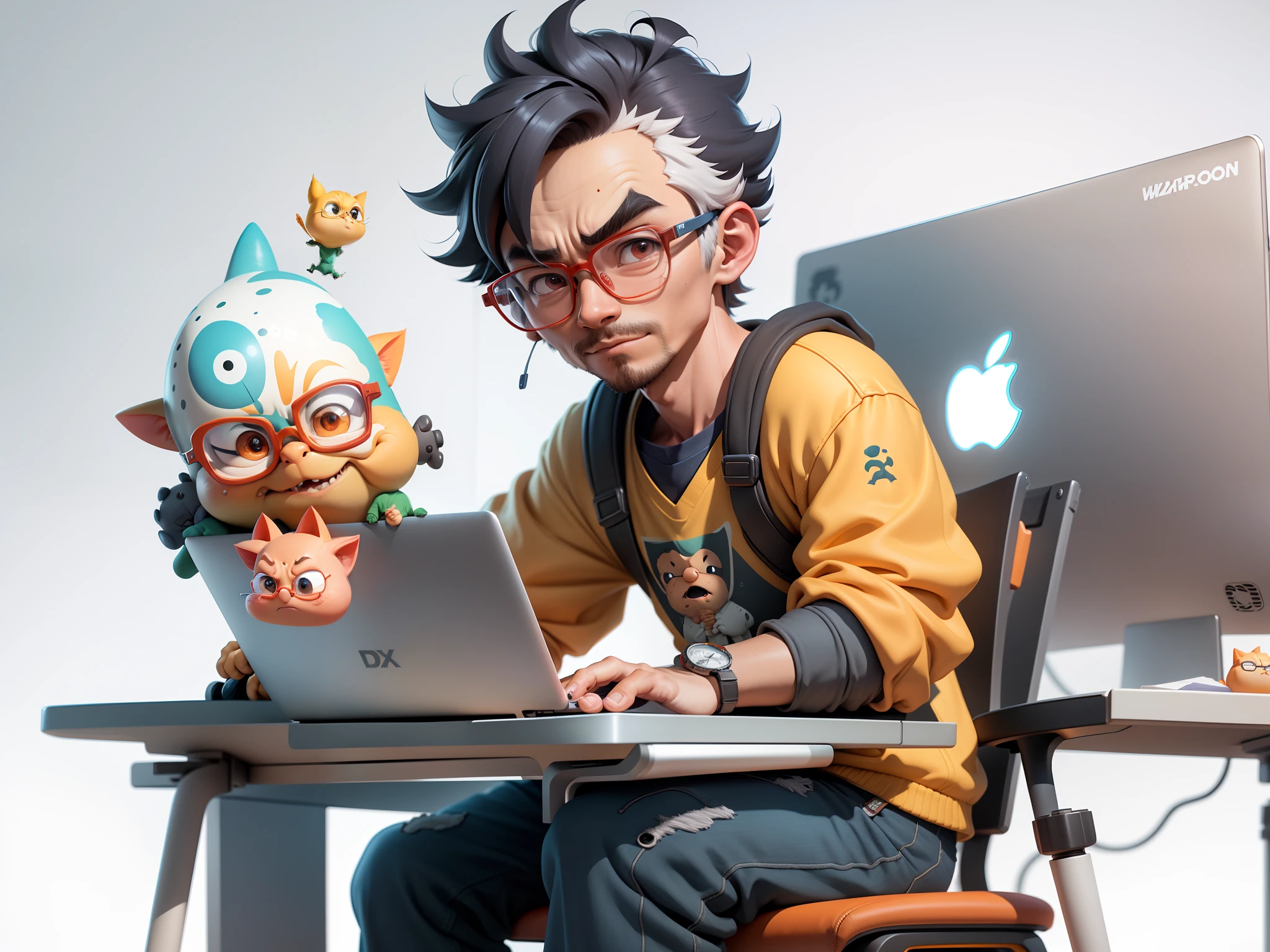 A young man with glasses sits at his desk,holding laptop,digitial painting,3D character design by Mark Clairen and Pixar and Hayao Miyazaki and Akira Toriyama,4K HD illustration,Very detailed facial features and cartoon-style visuals。