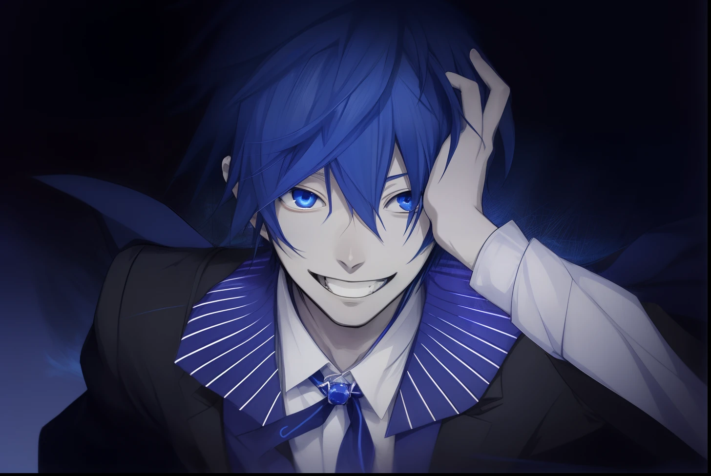 Kaito shion, vocaloid, Blue hair, smile, crazy look, judge, blue eyes, young boy, man