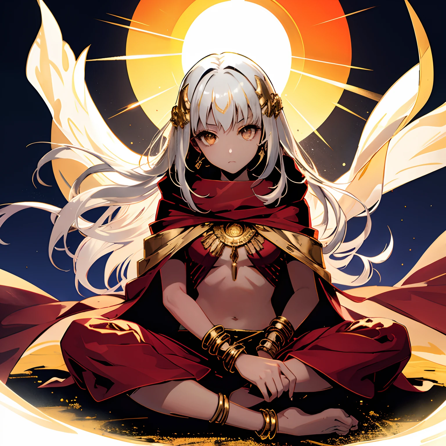 (sun),indian_style,desert,shine,shining,glow,gleam,highlight,girl,glowing hair,gold hair,silver hair,long hair,aura of light,red cloak