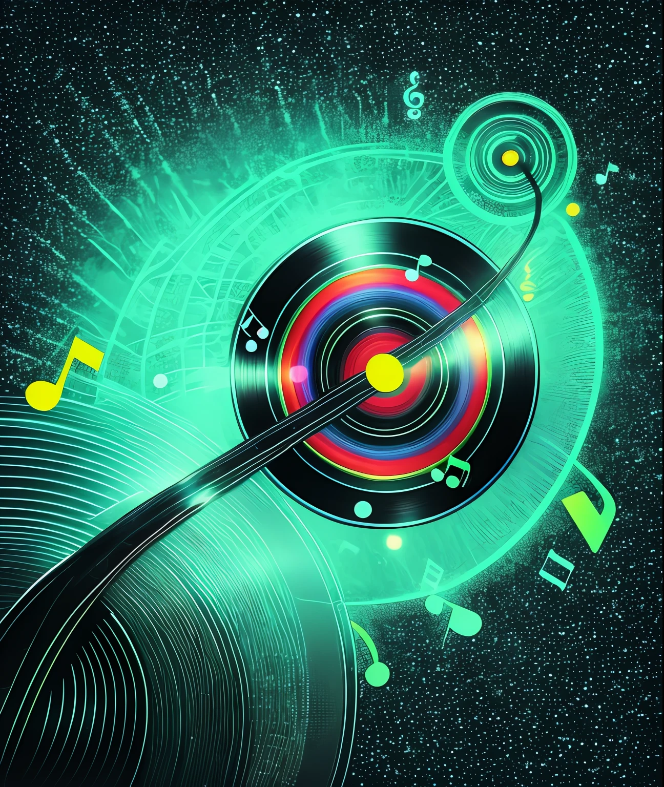 vinyl records, sense of science and technology，Light，music theme, background artwork, Neon notes, music in the air, The music being played, musical note, music, musical note, Play music, digital background, Desktop background