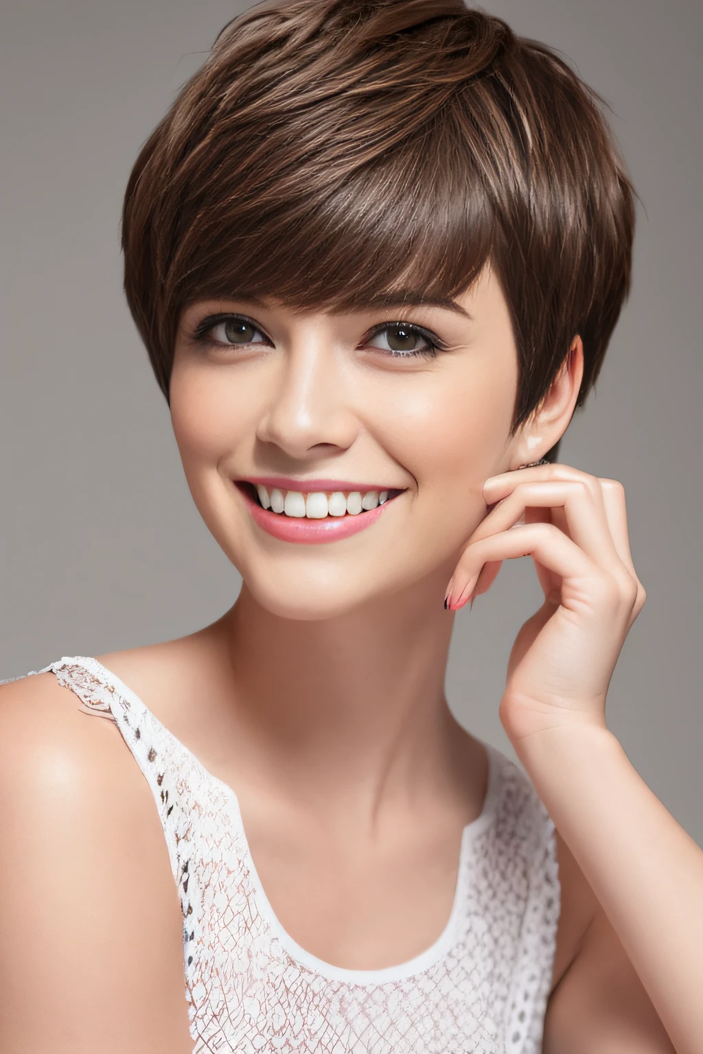 a pixie cut A big smile Brown hair