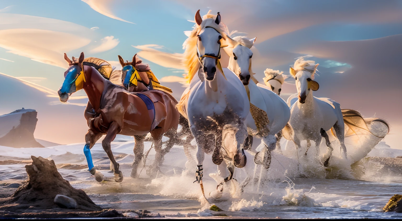 8 horses，A grand spectacle，super wide shot，1#cavalos，2#cavalos，3#cavalos，4#cavalos，5#cavalos，6#cavalos，7#cavalos，8#cavalos。Eight extremely special and rare horses surround each other，A large herd of horses galloped ahead，Gallop like a clock across the steppe。The vast plains of the epic scene are rich in aquatic plants，In the distance is the snow-capped Mount Everest，Snow creek flows into the sea，At the other end is the magnificent City of Giants，Horse teams enter and exit the city gates。The Light Projection Pegasus from Supreme Heaven has a rainbow aperture from Supreme Heaven，She walks between light and purity，No additional ornaments were needed to highlight her dignity and holiness，Even the sky showed her clear skies，She has a deep hostility with the nightmarish heavy journey from hell，The two never put their heads next to each other，Surrounded by sulfur flames, Hell rides hard every time a horse's hooves fall, Step on the grass from the lava on the ground，The sky on the steppe is brighter，It makes the earth deeper。The wind wings of the wind elf horse let its position be erratic，She flicked the cyan aperture with her hand，Always can't help but tease mechanical horses，The mechanical horse mecha is full of beauty，The shoulder back position always reveals delicate mechanical accessories，Four feet with hydraulic pump and electromagnetic ejection device。Unicorns want to steal all the horses from their unblemished beauty，But on the side, Fairy Ryoma is comparing with it，Their unique elven-patterned armor and colorful saddles make them the most fashionable horses。The female knight charges on her knightly warhorse，Her lofty ideals made her unstoppable，No doubt about it，She is the protagonist of this photo。There is also a chaos horse from uncharted territory，It blends together，With almost unimaginable weird styles and chaotic colors，This brings extremely dangerous uncertainty to the whole picture。，The slightest mistake can ruin the entire picture。Use potential coupling plu