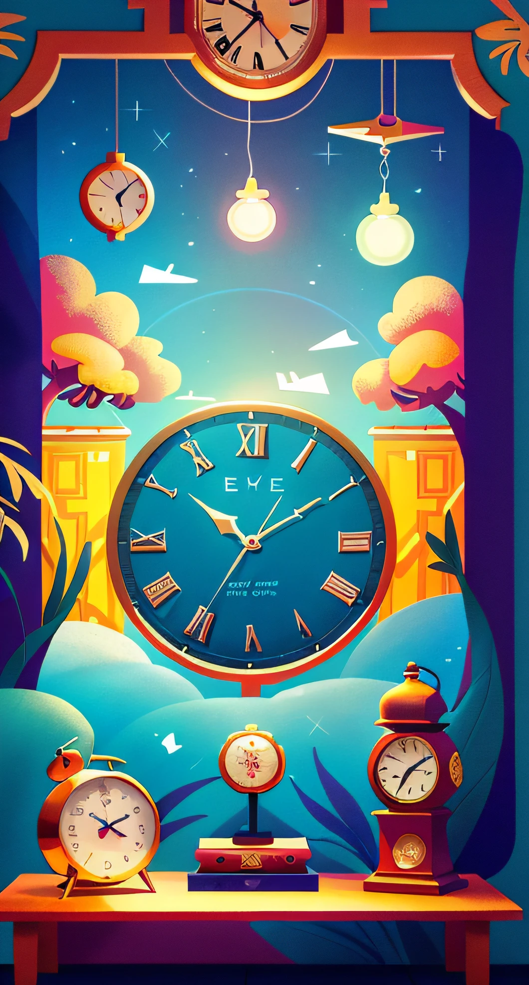Close-up of the poster,There is a clock and characters on it, Aika,recall, 3d grainy aesthetic illustration, It is depicted as a dream scene, Surreal dream set design, Dream artwork composition, chinese surrealism, Dreamy nostalgia, poster for, epic retrowave art